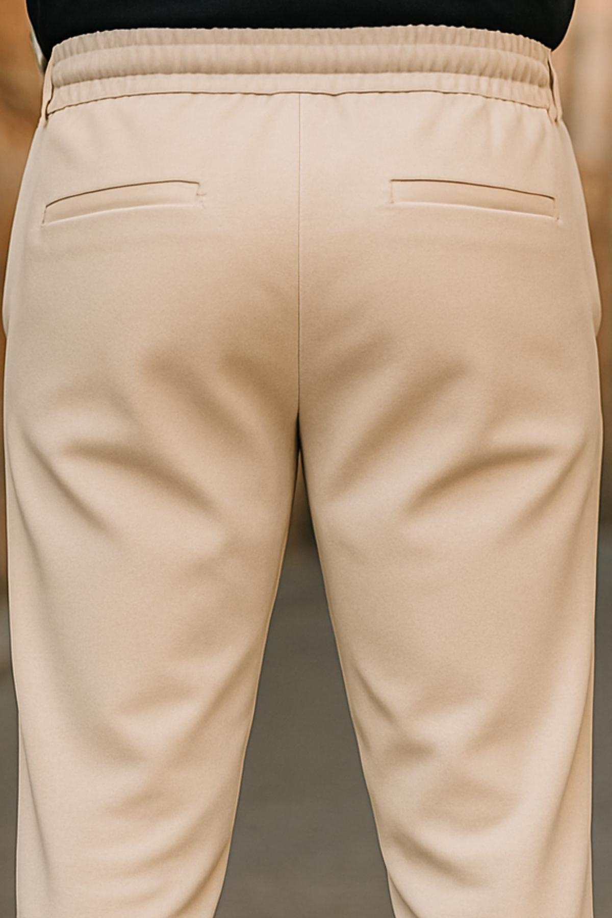 Erkek Beli Lastikli Bol Paça Esnek Krem Pantolon 5