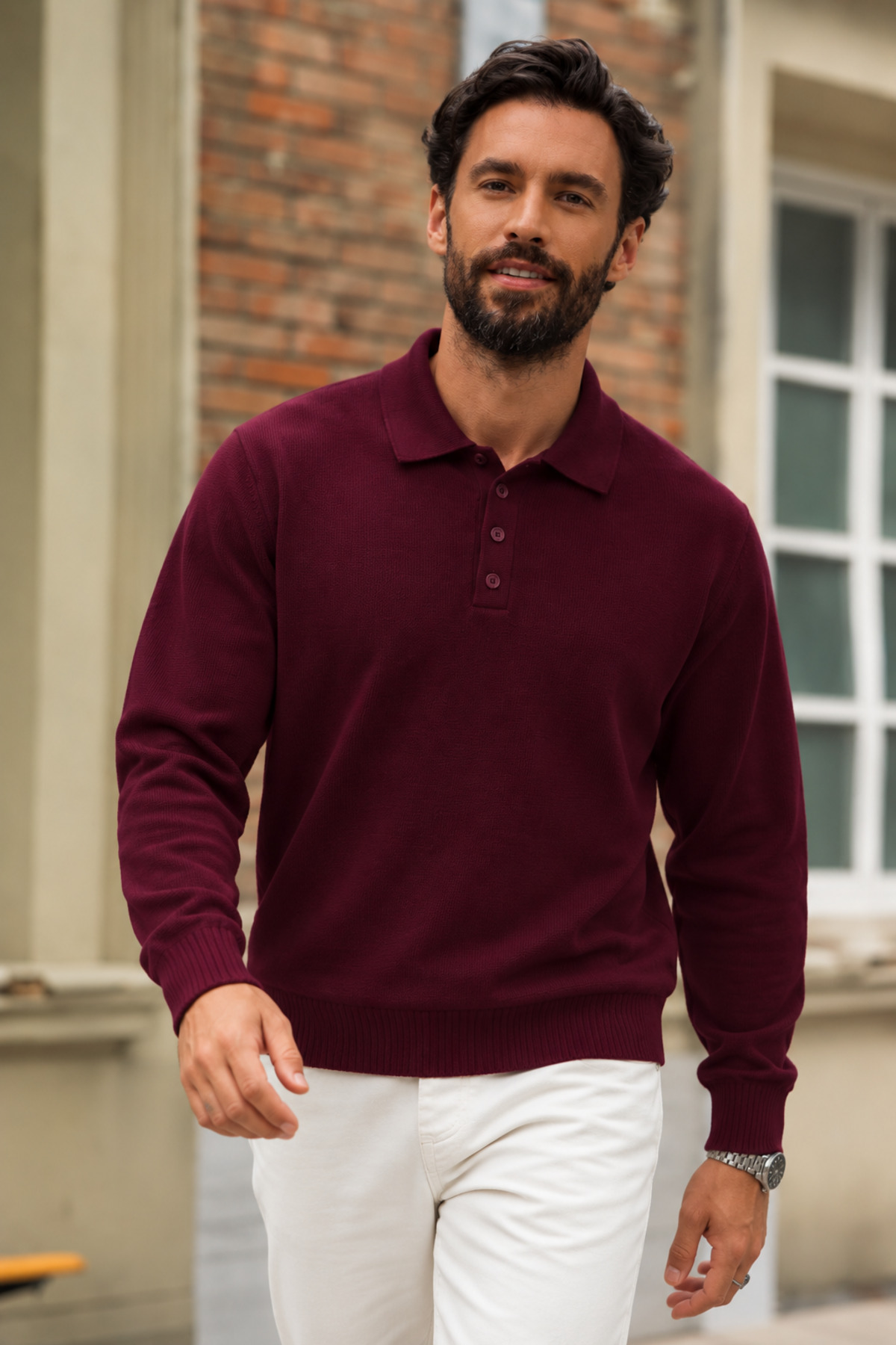 Erkek Uzun Kollu Polo Yaka Bordo Kazak 3