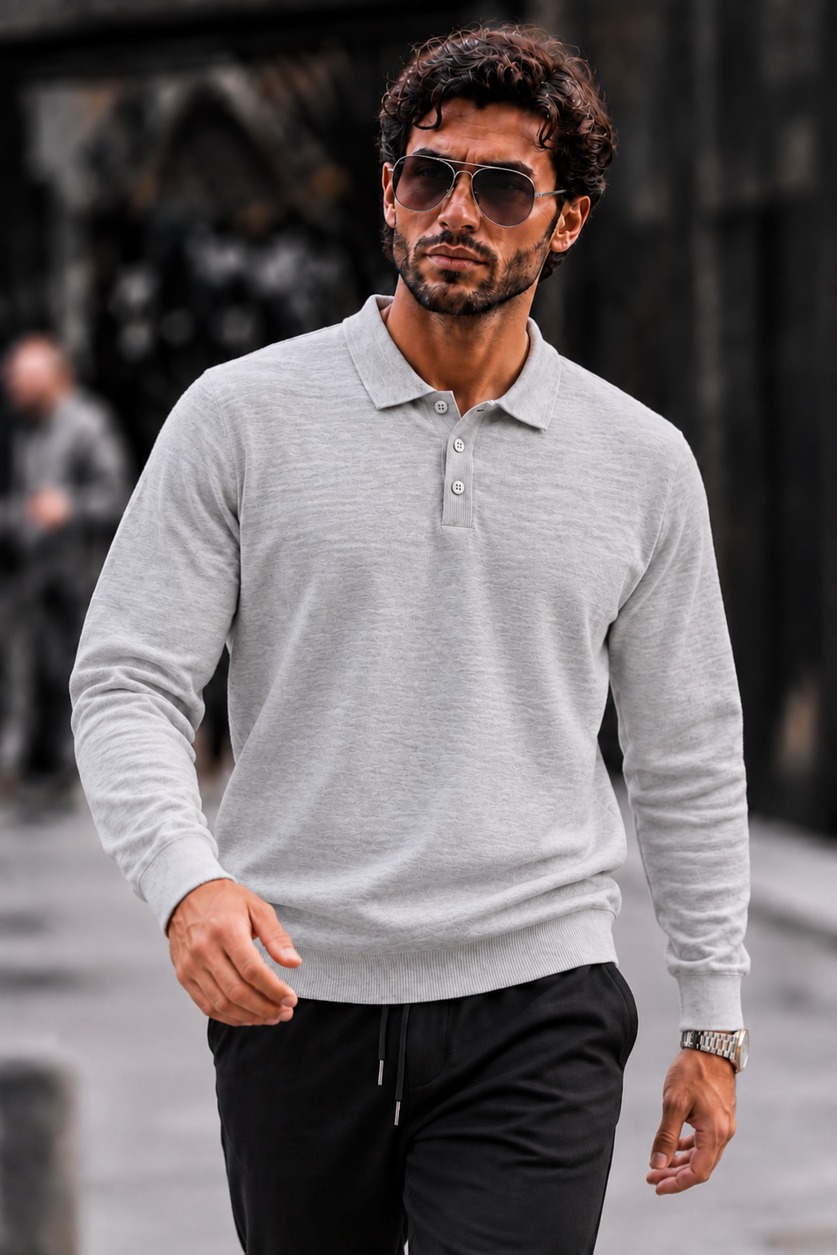 Erkek Polo Yaka Düğmeli Regular Fit Açık Gri Kazak 3