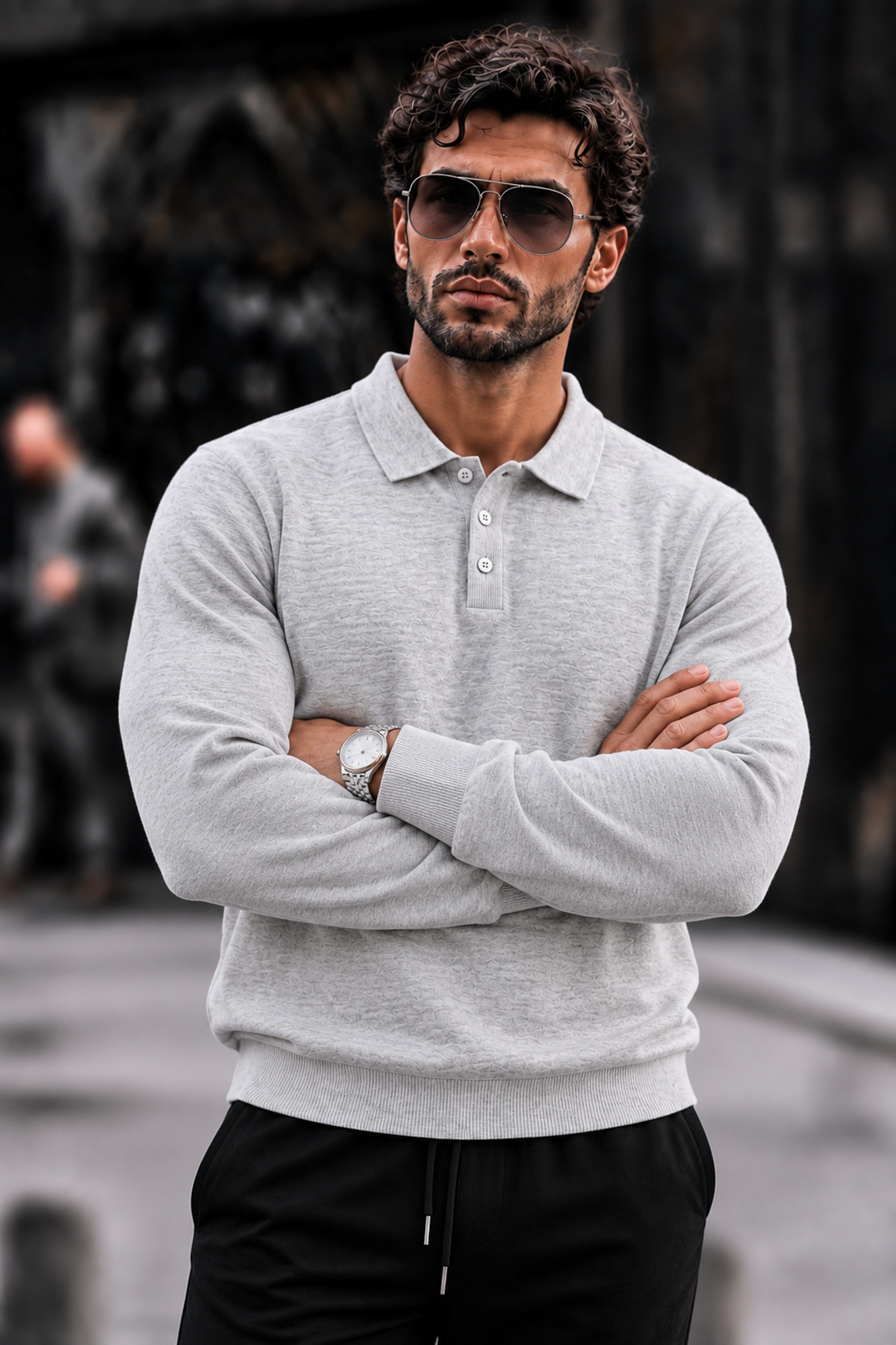 Erkek Polo Yaka Düğmeli Regular Fit Açık Gri Kazak 5