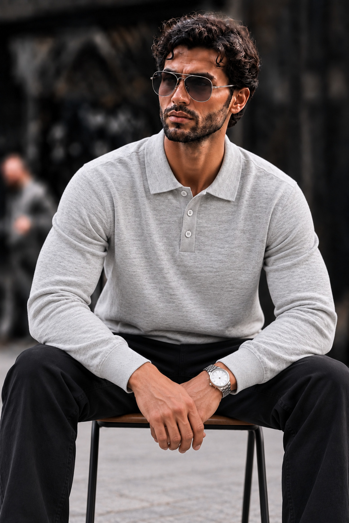 Erkek Polo Yaka Düğmeli Regular Fit Açık Gri Kazak 4