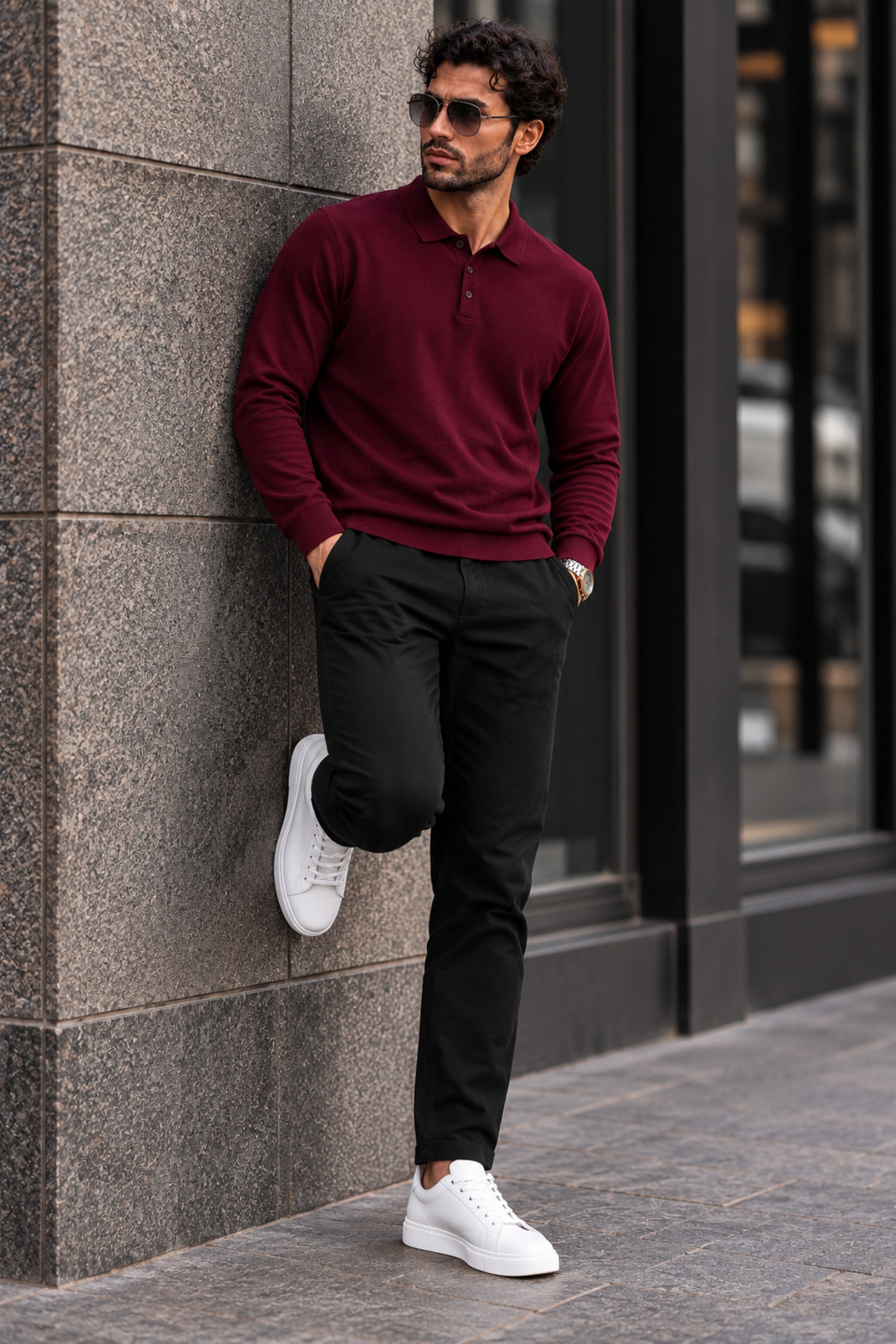 Erkek Polo Yaka Düğmeli Regular Fit Bordo Kazak 6