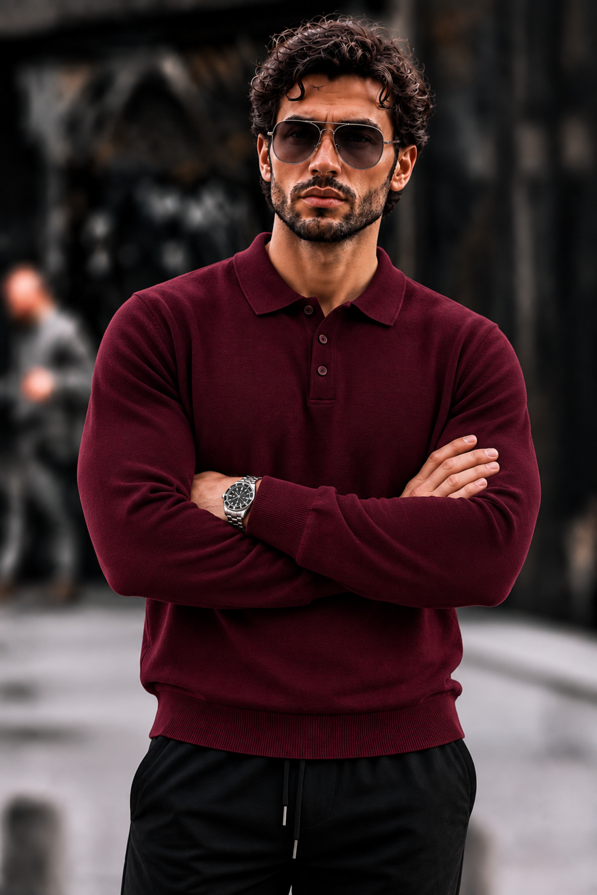 Erkek Polo Yaka Düğmeli Regular Fit Bordo Kazak 5