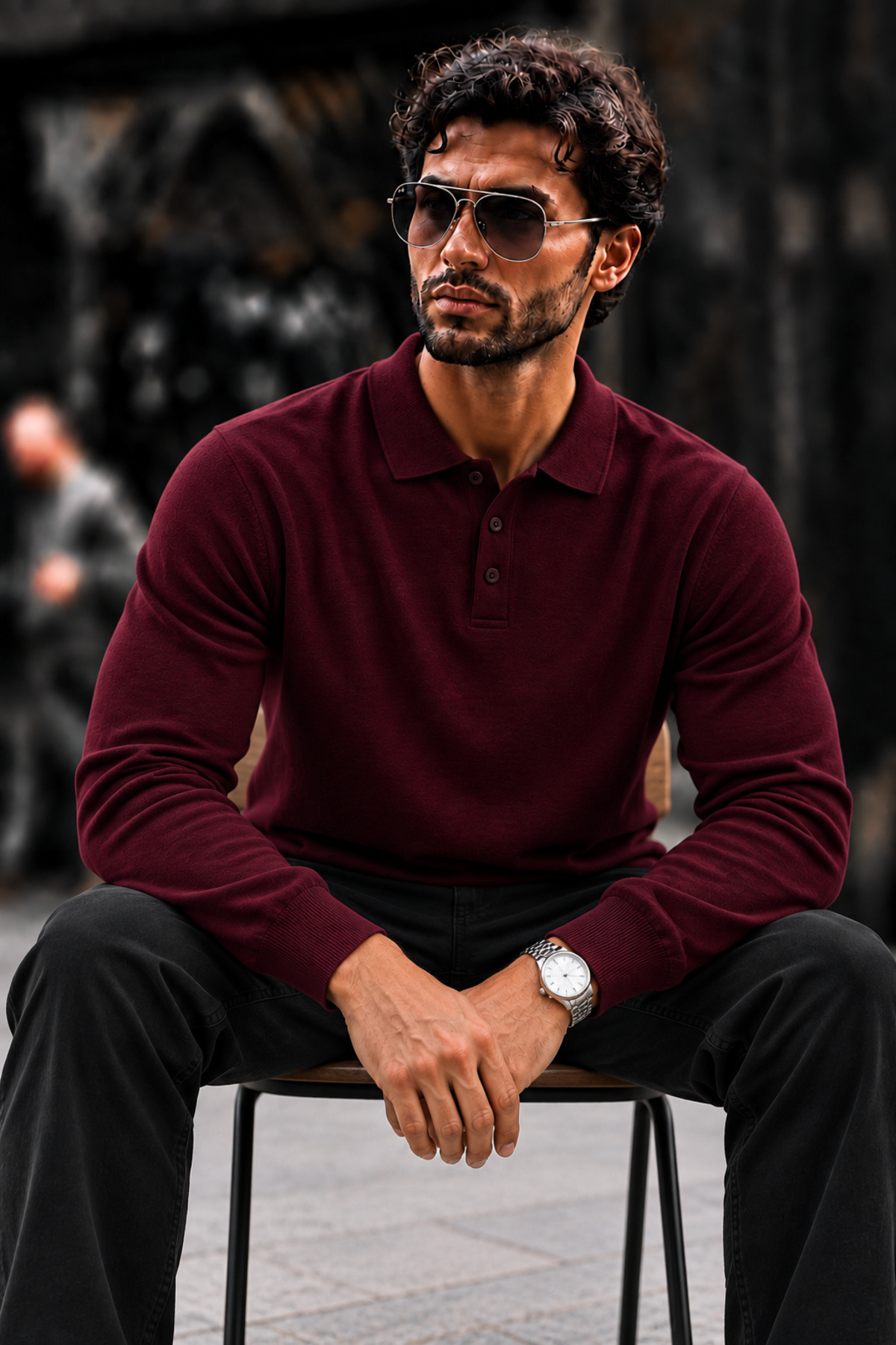 Erkek Polo Yaka Düğmeli Regular Fit Bordo Kazak 4