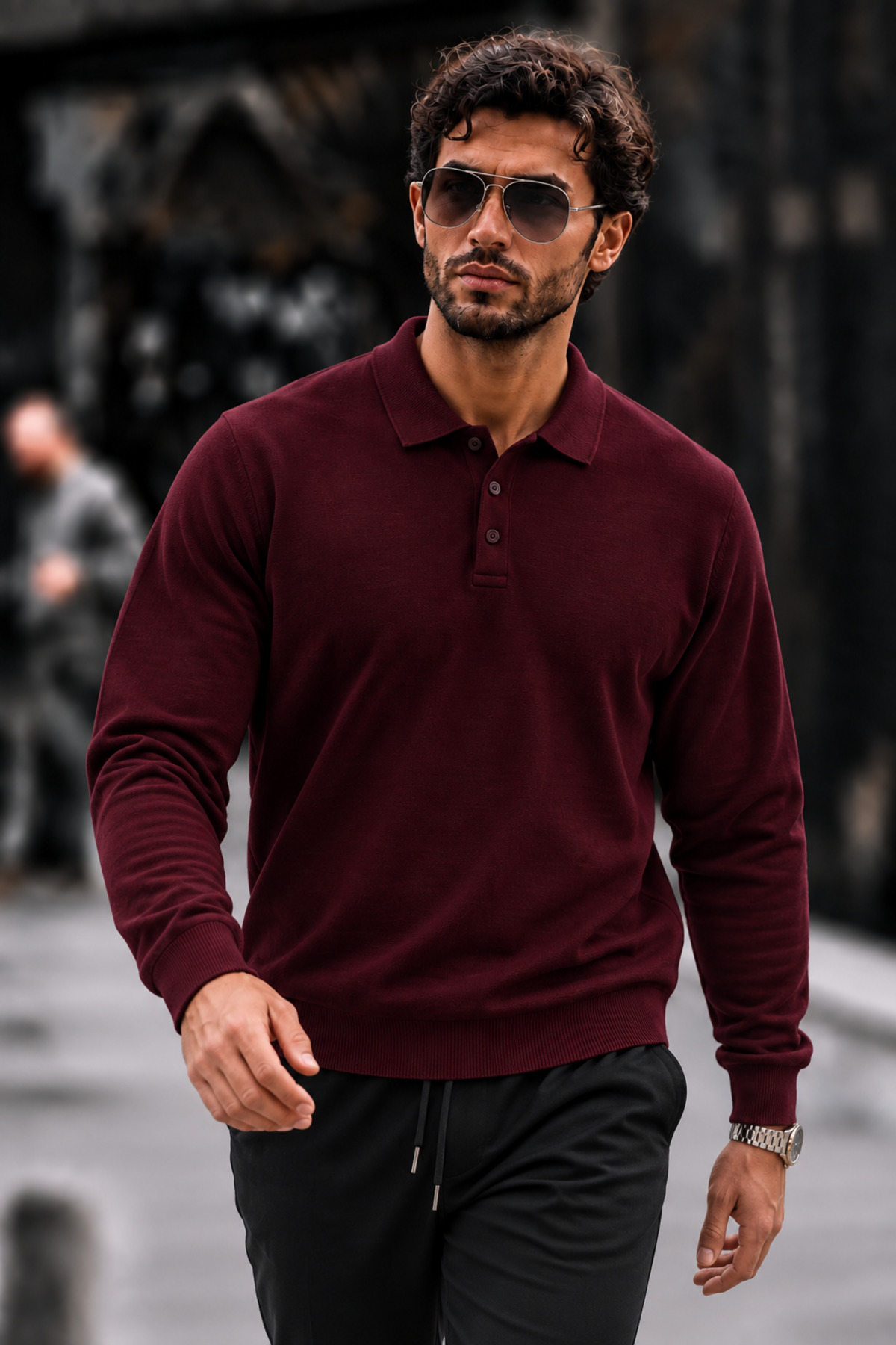 Erkek Polo Yaka Düğmeli Regular Fit Bordo Kazak 3