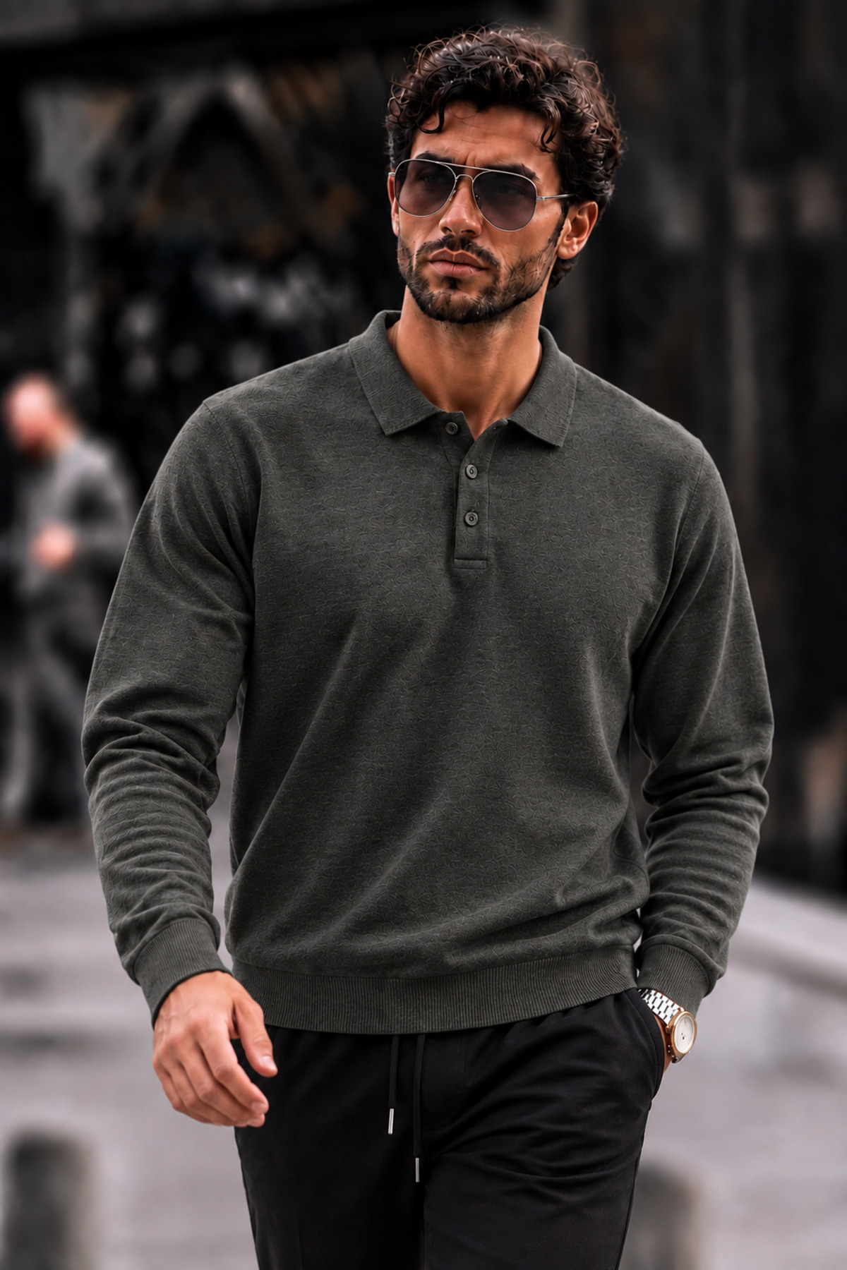 Erkek Polo Yaka Düğmeli Regular Fit Füme Kazak 3