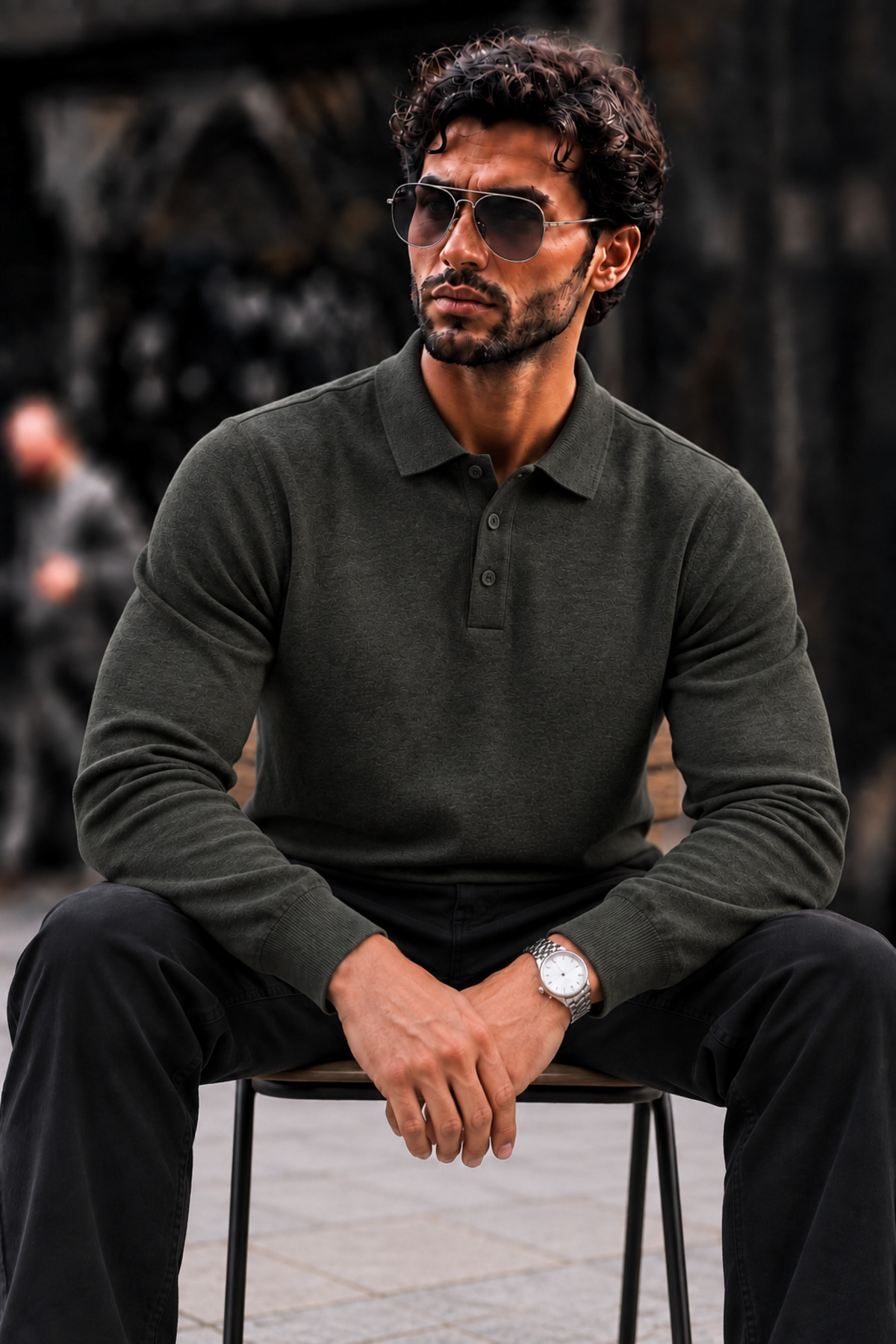 Erkek Polo Yaka Düğmeli Regular Fit Füme Kazak 4
