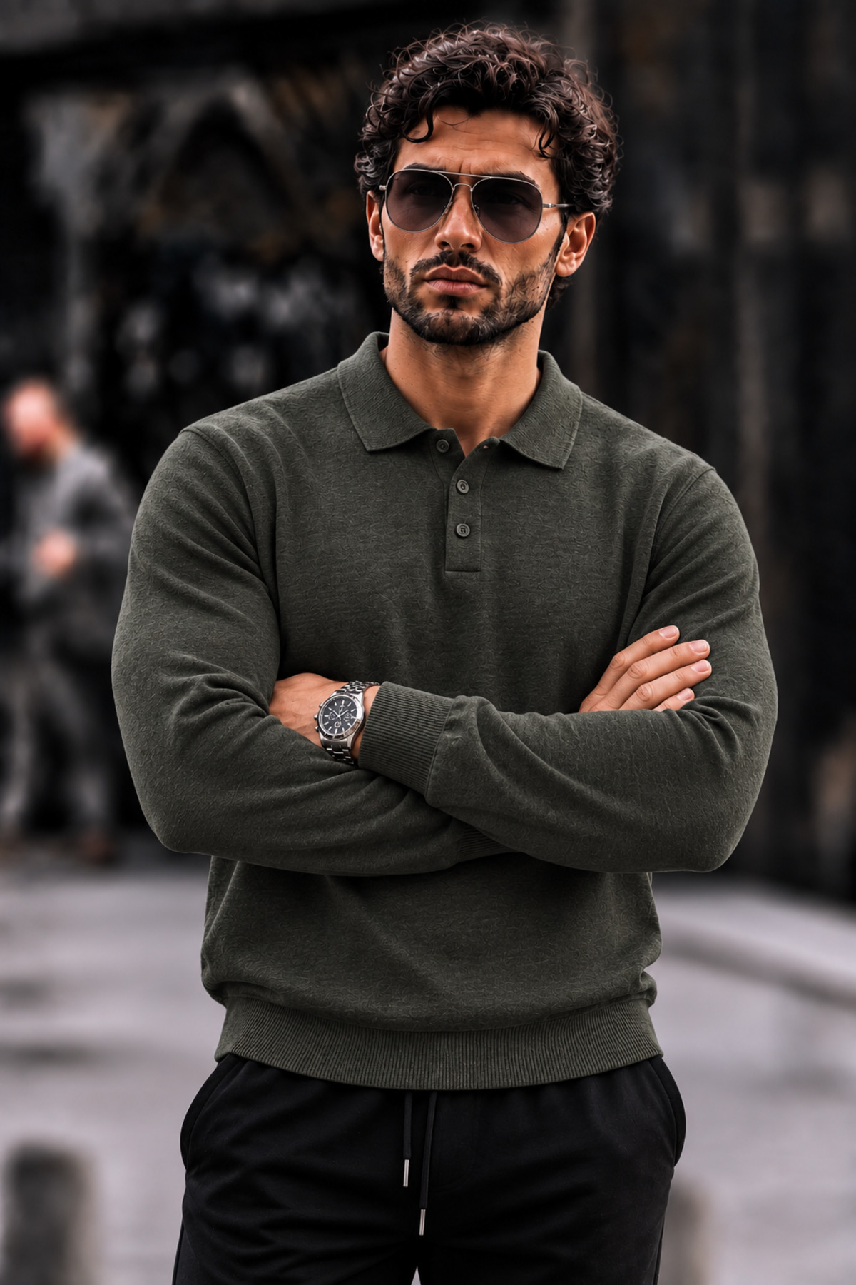 Erkek Polo Yaka Düğmeli Regular Fit Füme Kazak 5