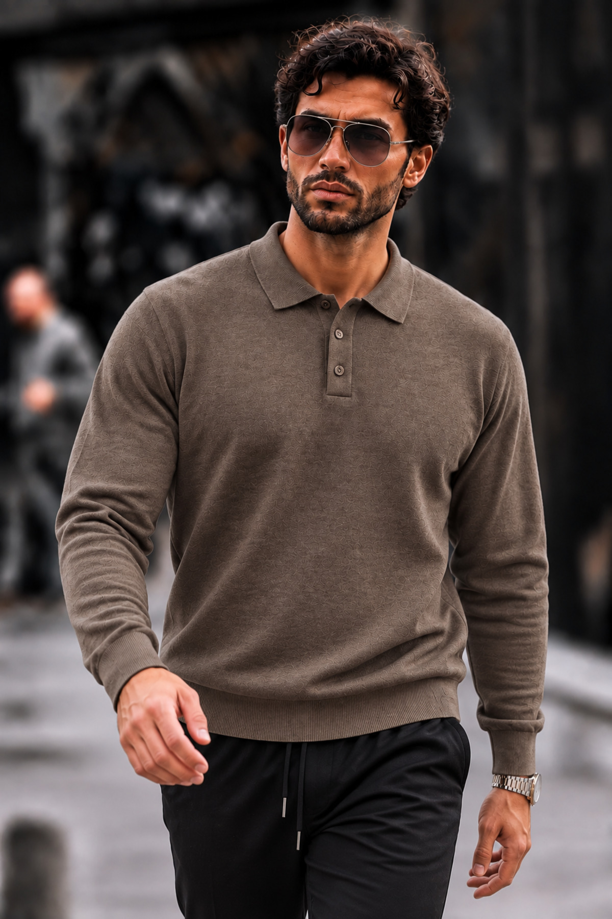 Erkek Polo Yaka Düğmeli Regular Fit Kahve Kazak 3