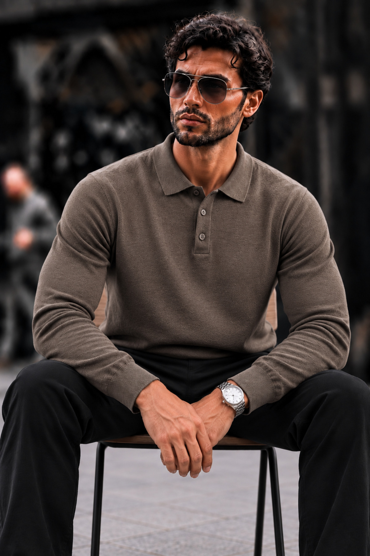 Erkek Polo Yaka Düğmeli Regular Fit Kahve Kazak 4