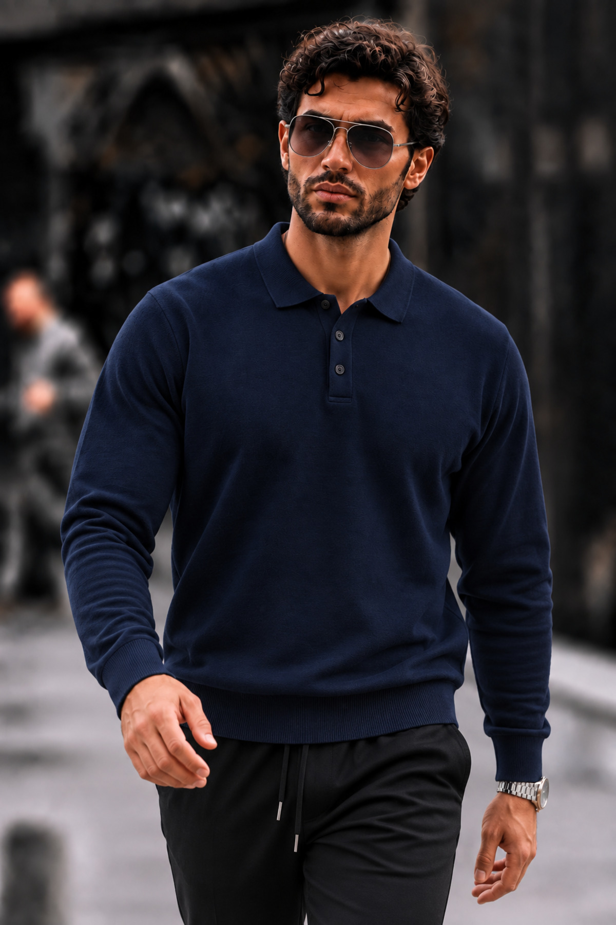 Erkek Polo Yaka Düğmeli Regular Fit Lacivert Kazak 3