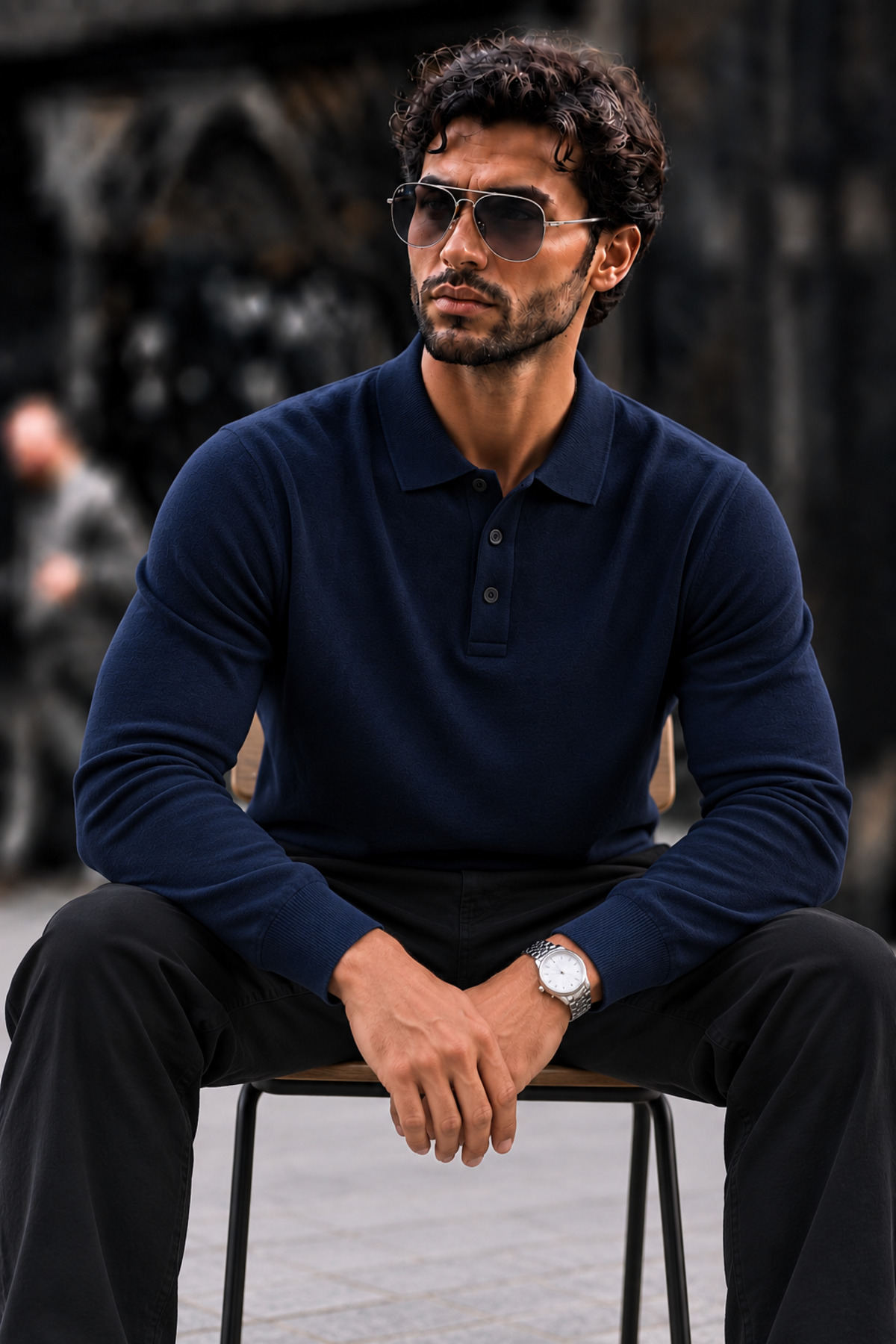 Erkek Polo Yaka Düğmeli Regular Fit Lacivert Kazak 4