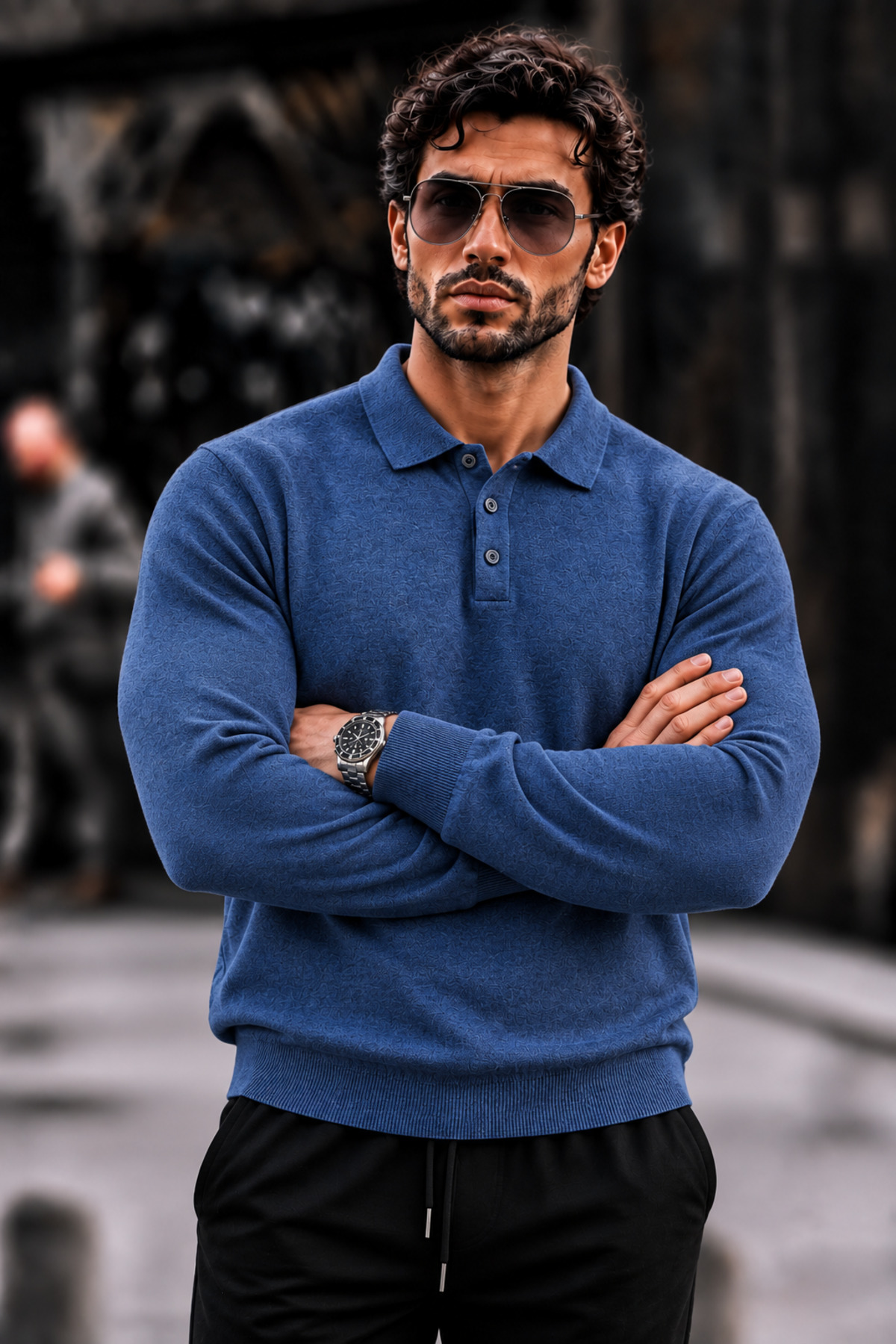 Erkek Polo Yaka Düğmeli Regular Fit Mavi Kazak 5