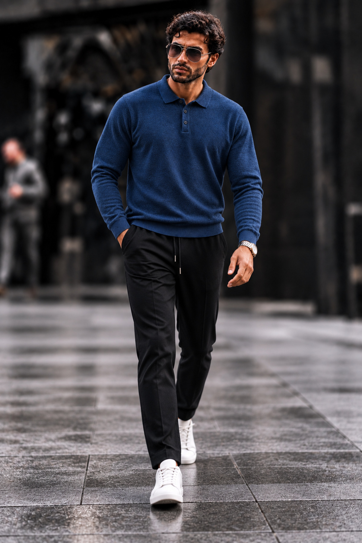 Erkek Polo Yaka Düğmeli Regular Fit Mavi Kazak 3