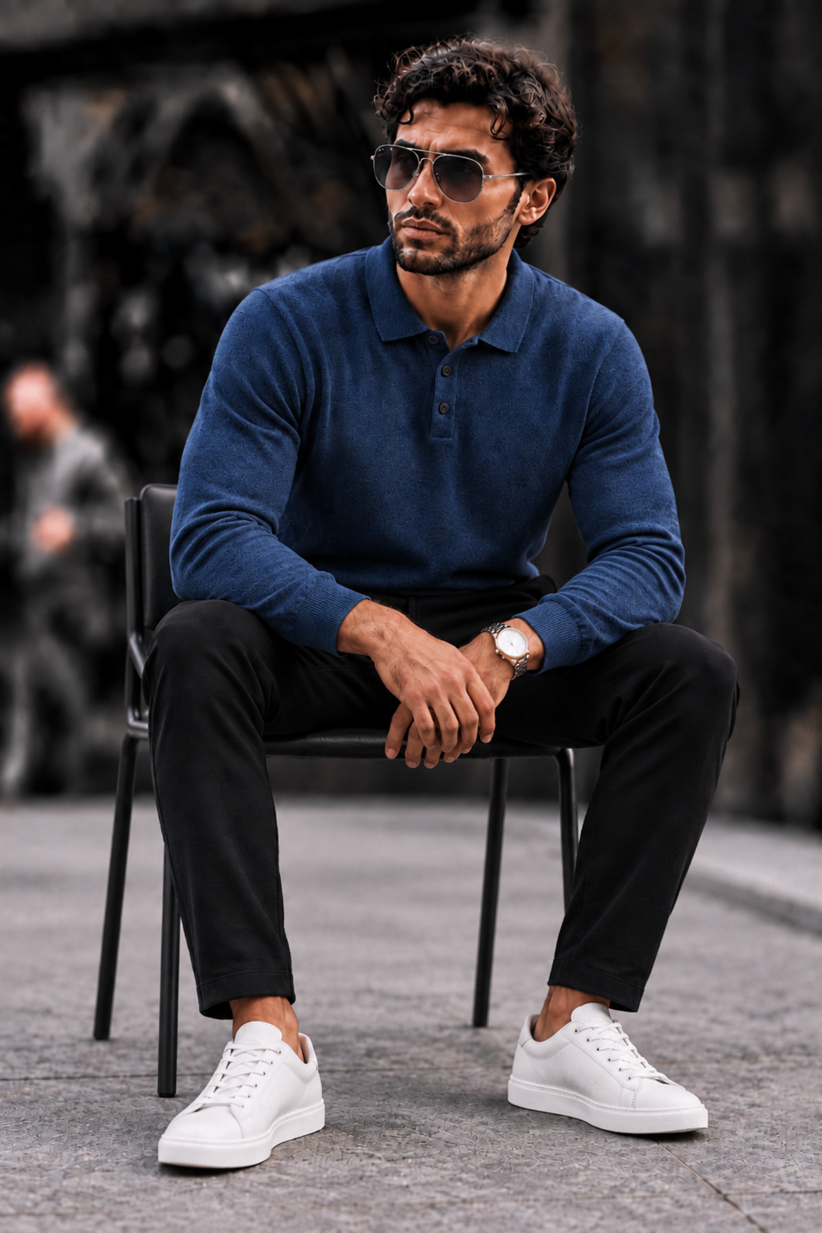 Erkek Polo Yaka Düğmeli Regular Fit Mavi Kazak 4