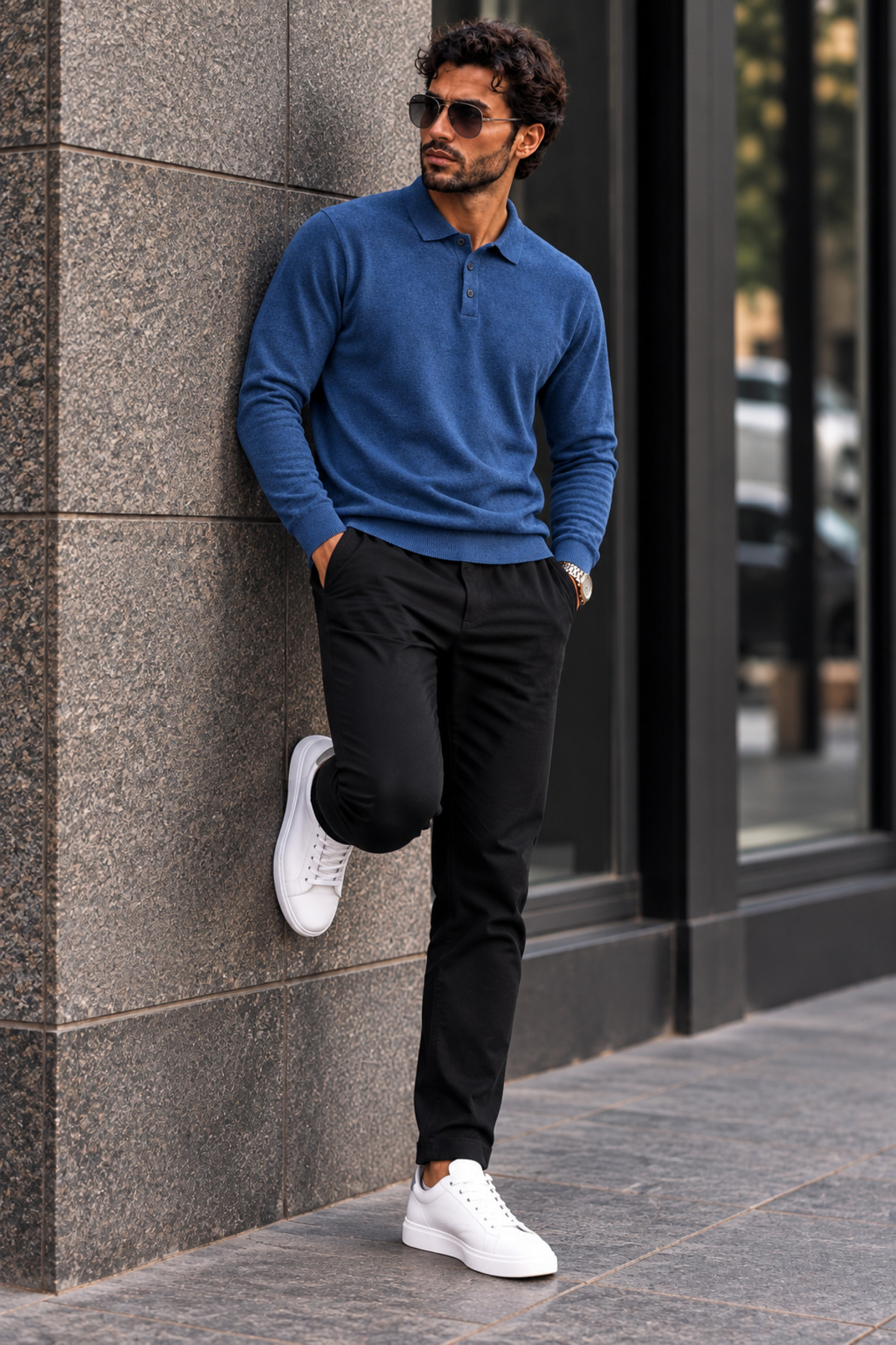 Erkek Polo Yaka Düğmeli Regular Fit Mavi Kazak 6