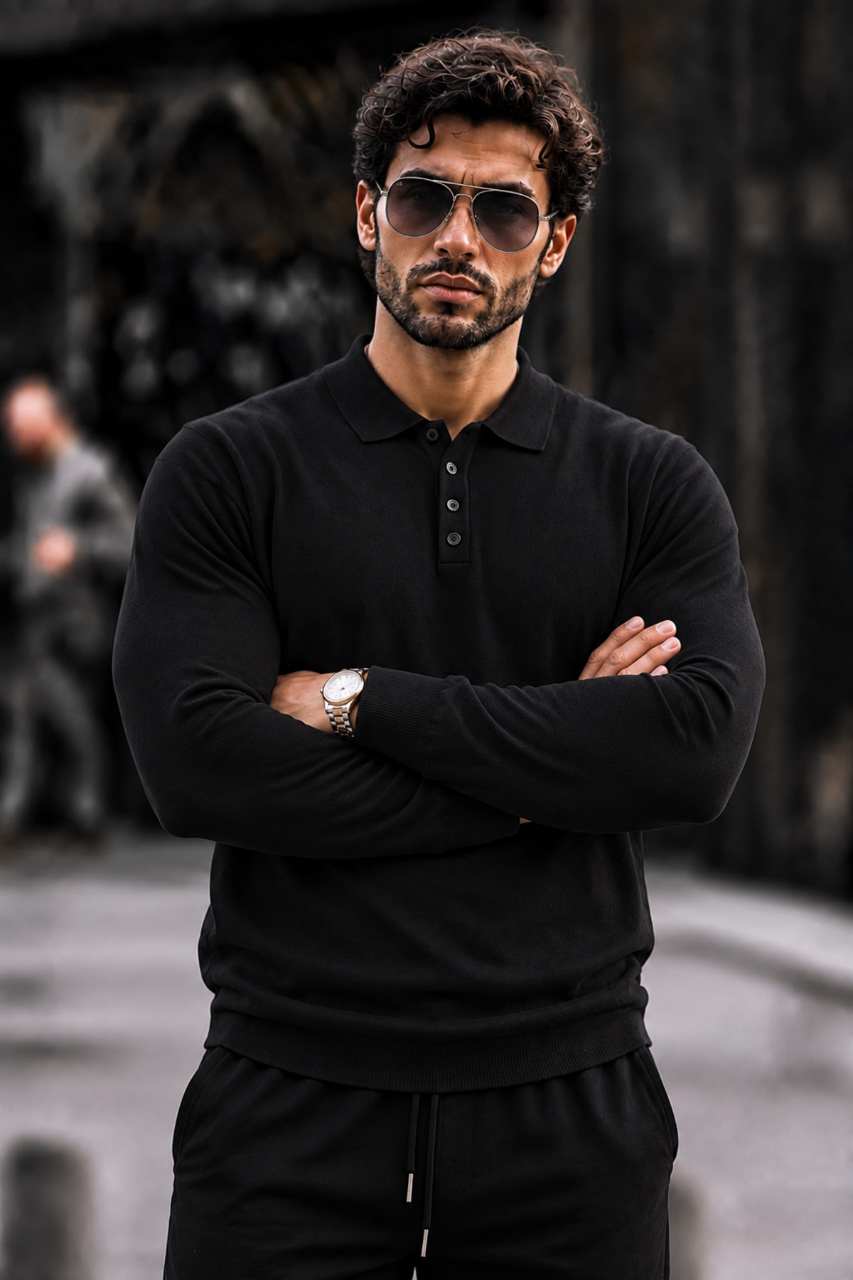 Erkek Polo Yaka Düğmeli Regular Fit Siyah Kazak 5
