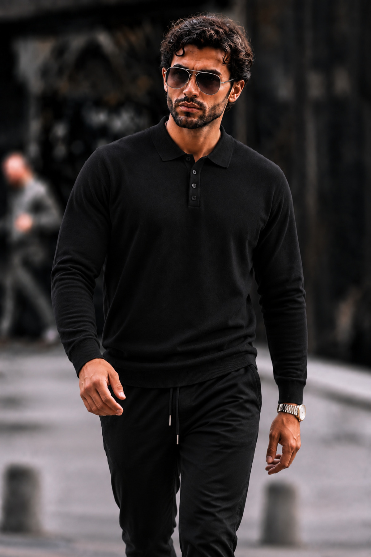 Erkek Polo Yaka Düğmeli Regular Fit Siyah Kazak 3