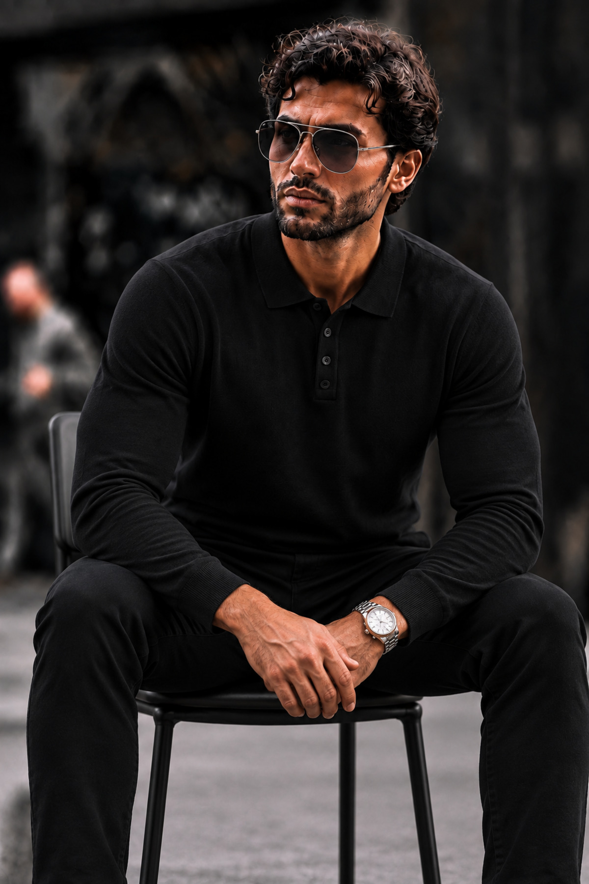 Erkek Polo Yaka Düğmeli Regular Fit Siyah Kazak 4