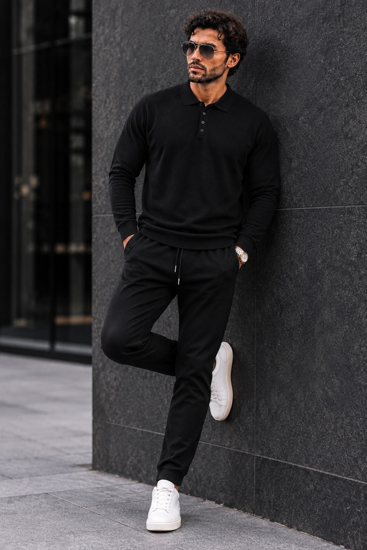 Erkek Polo Yaka Düğmeli Regular Fit Siyah Kazak 6