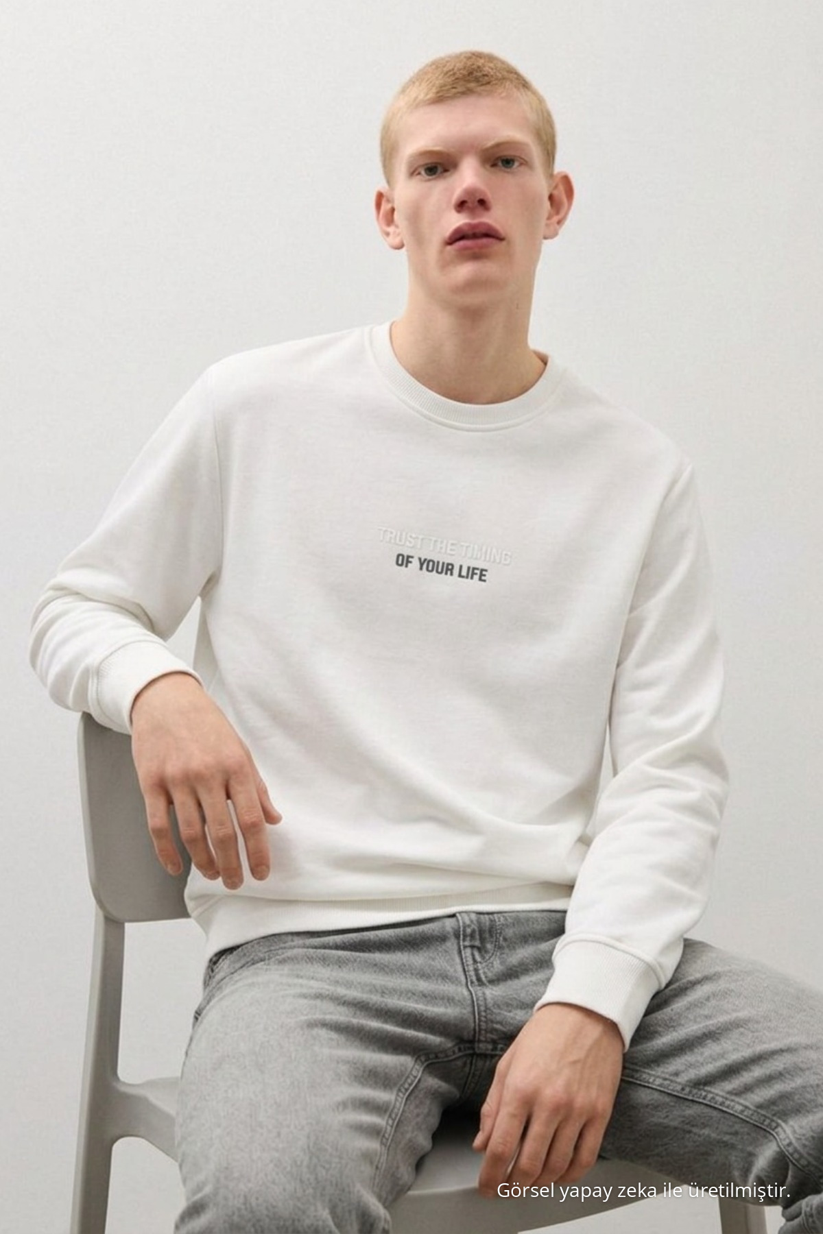 Erkek Dokuma Günlük Trend Beyaz Sweatshirt 3