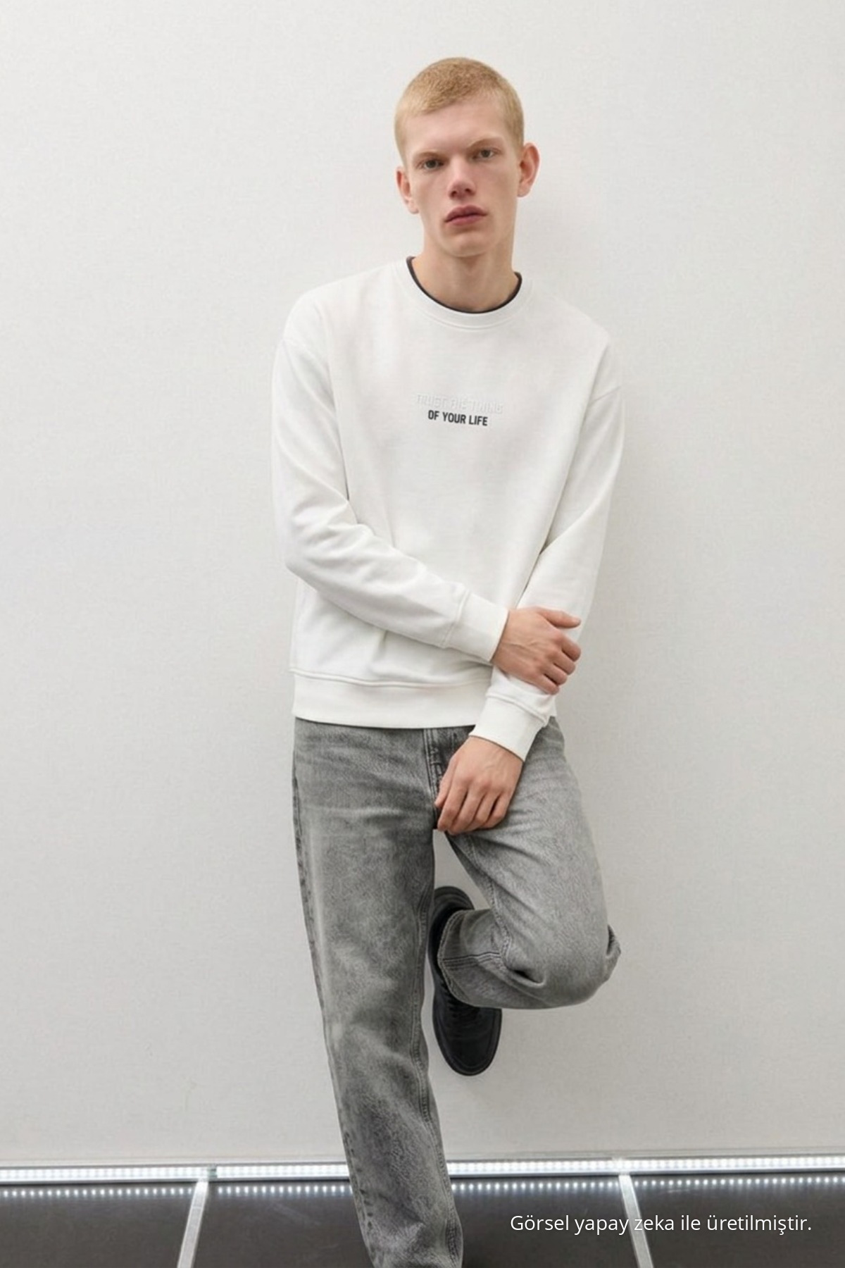Erkek Dokuma Günlük Trend Beyaz Sweatshirt 4