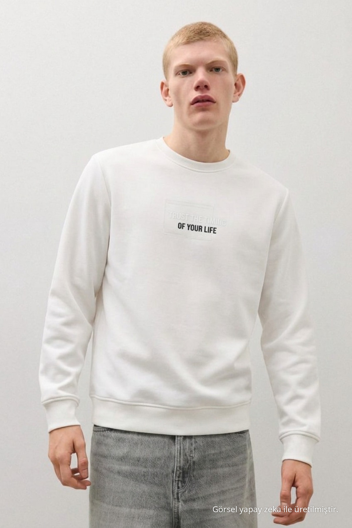 Erkek Dokuma Günlük Trend Beyaz Sweatshirt 6