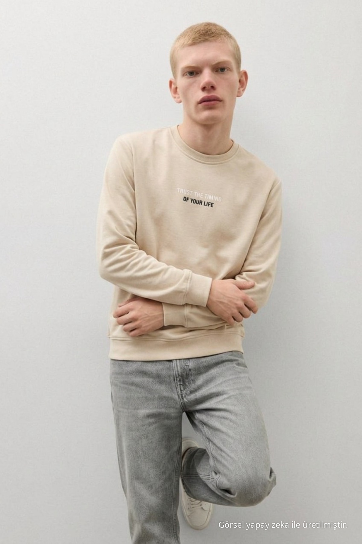 Erkek Dokuma Günlük Trend Krem Sweatshirt 4