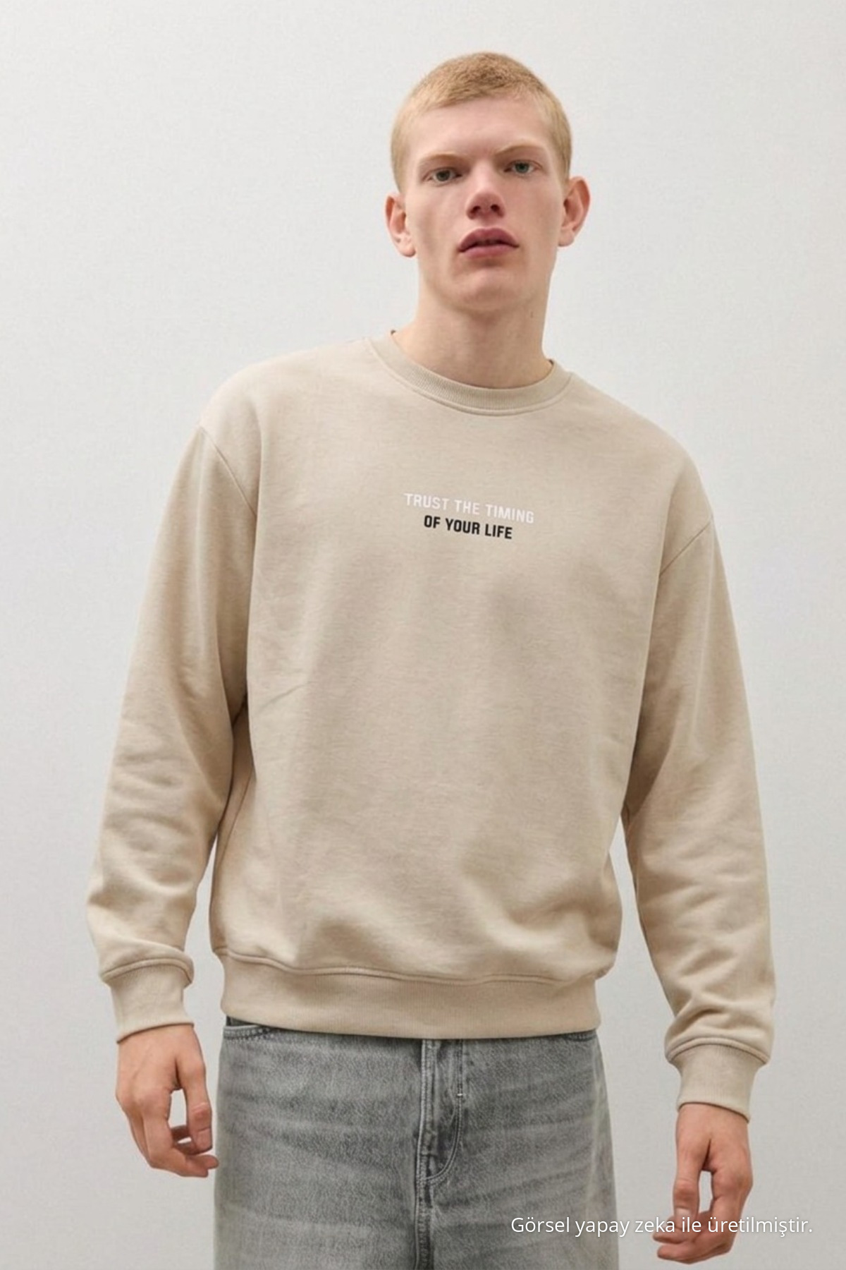 Erkek Dokuma Günlük Trend Krem Sweatshirt 6