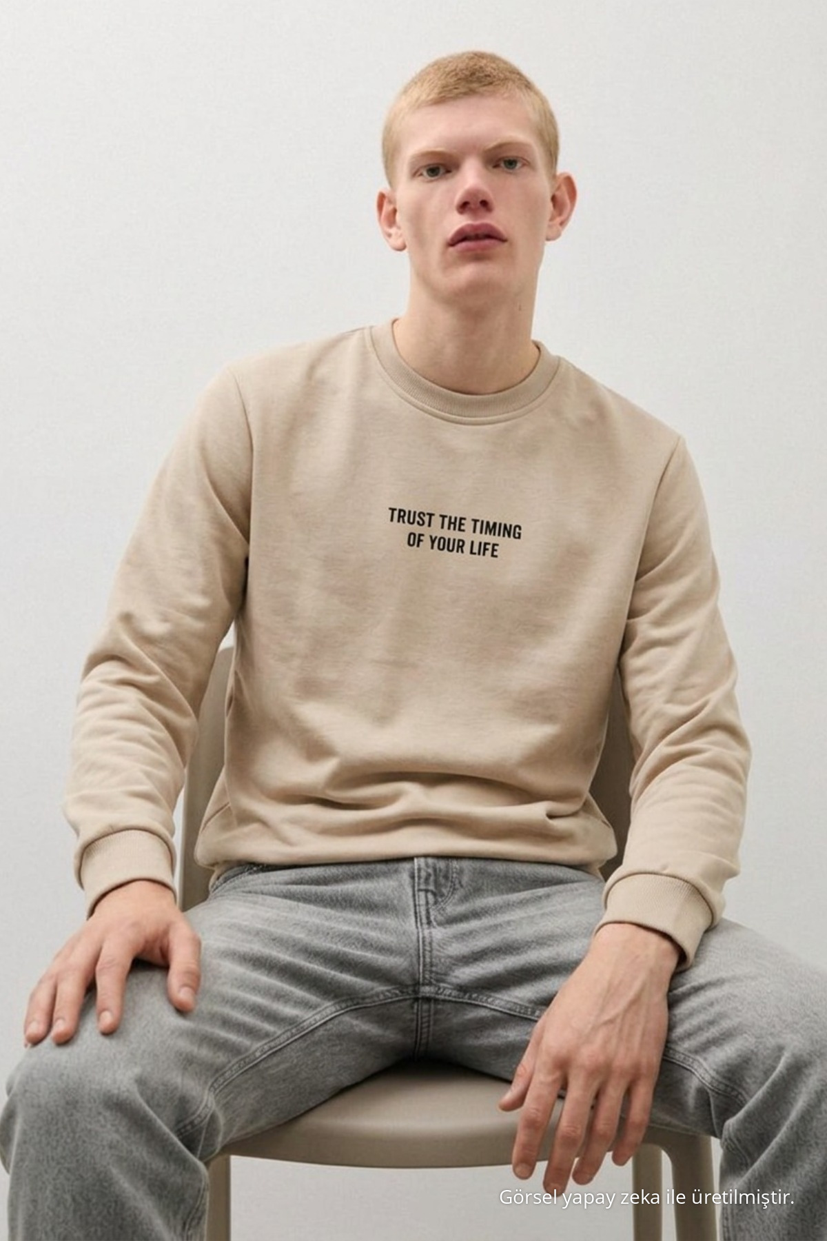 Erkek Dokuma Günlük Trend Krem Sweatshirt 3