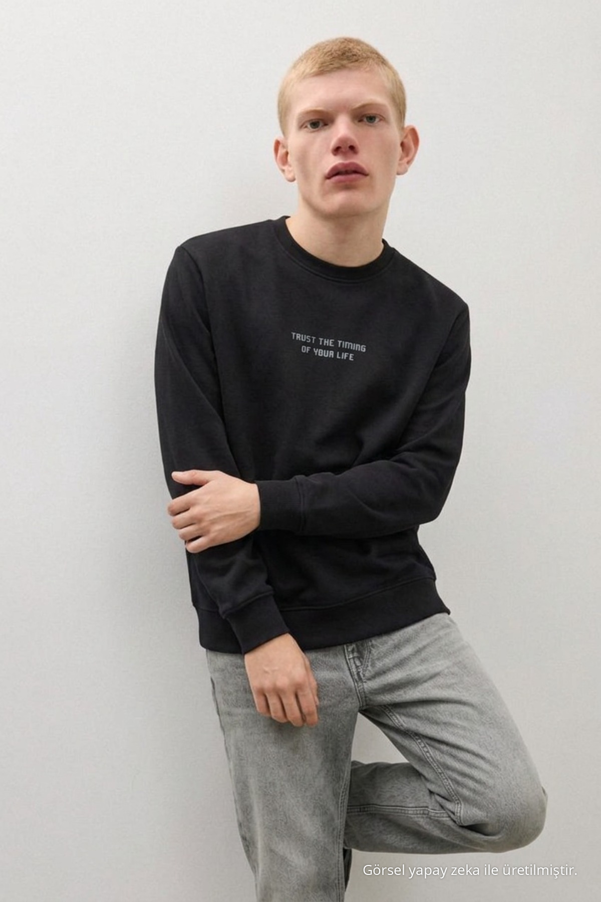 Erkek Dokuma Günlük Trend Siyah Sweatshirt 4