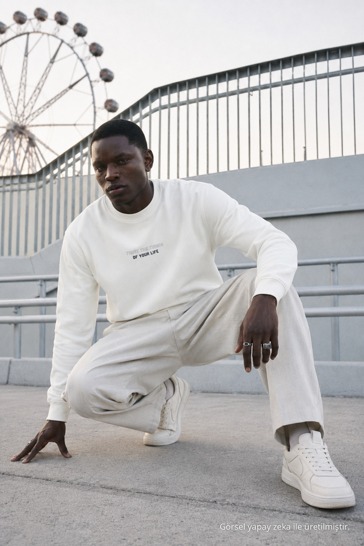 Erkek Regular Fit Baskılı Bisiklet Yaka Beyaz Sweatshirt 5