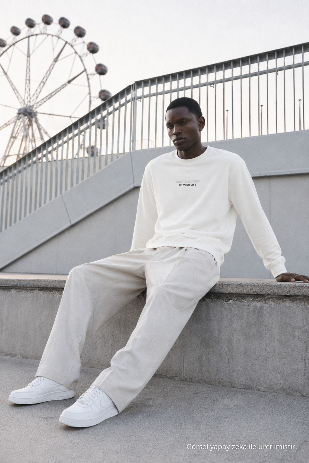 Erkek Regular Fit Baskılı Bisiklet Yaka Beyaz Sweatshirt 3
