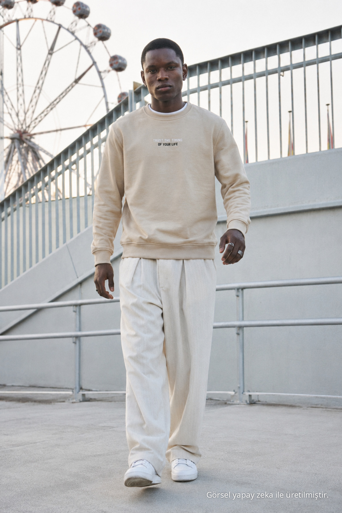 Erkek Regular Fit Baskılı Bisiklet Yaka Krem Sweatshirt 3