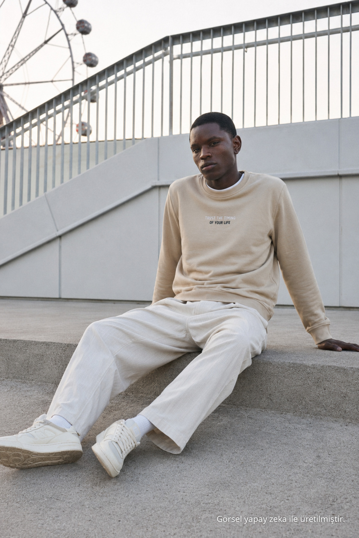 Erkek Regular Fit Baskılı Bisiklet Yaka Krem Sweatshirt 4