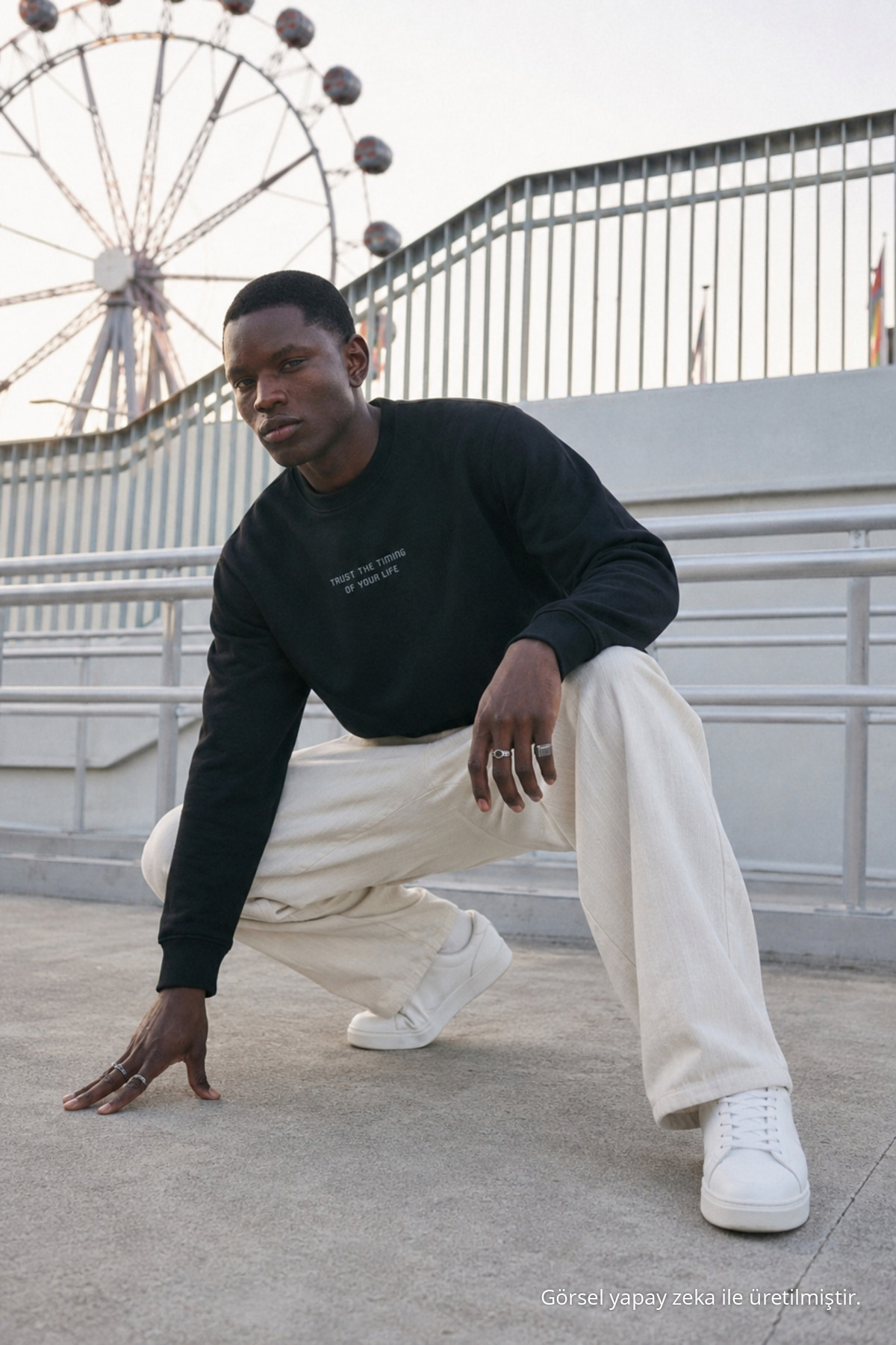 Erkek Regular Fit Baskılı Bisiklet Yaka Siyah Sweatshirt 4