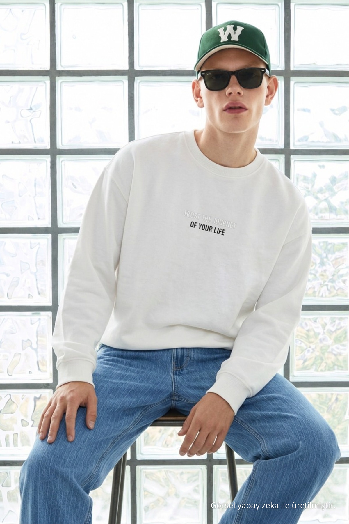 Erkek Uzun Kol Bisiklet Yaka Beyaz Sweatshirt 3