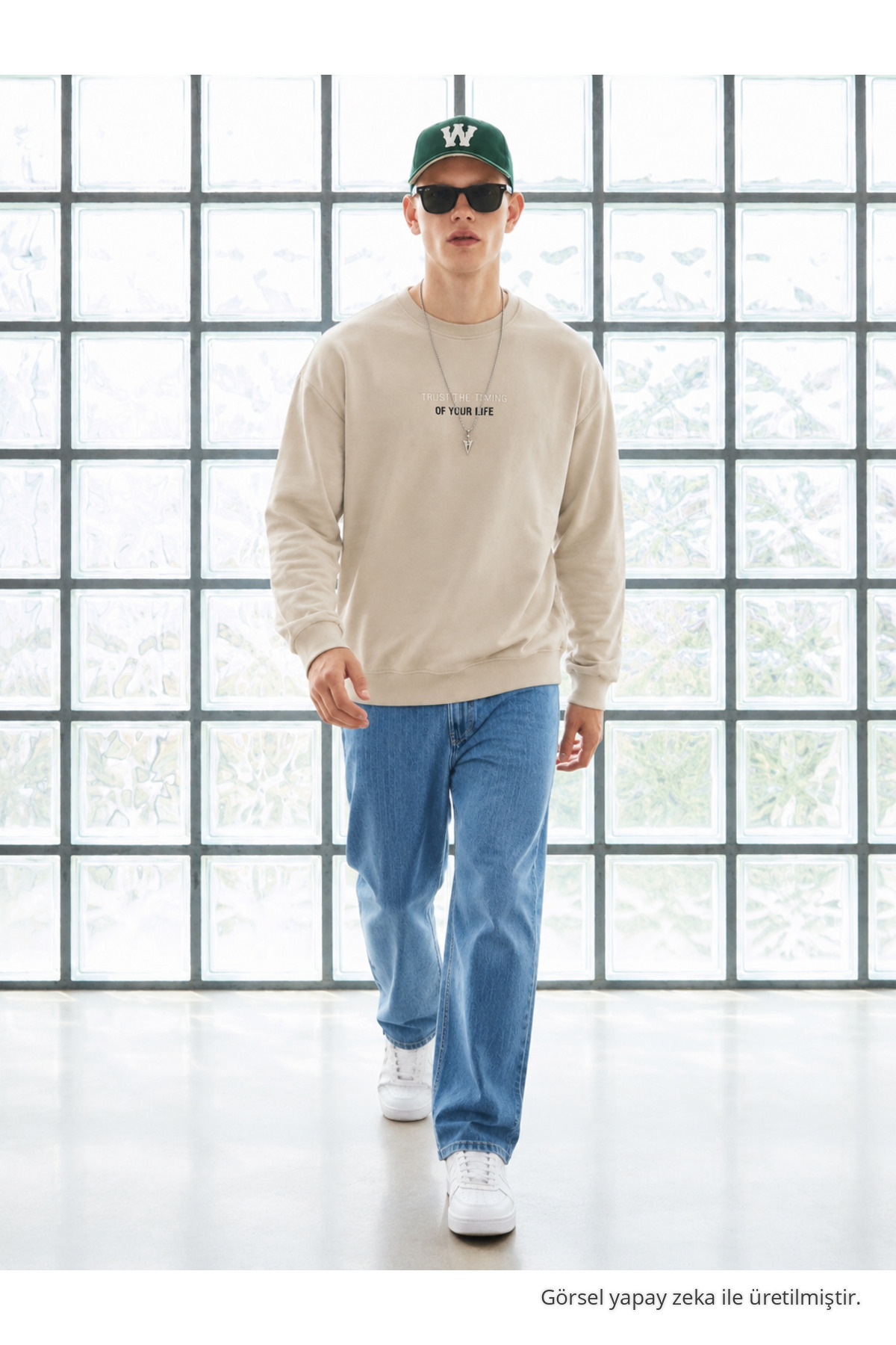 Erkek Uzun Kol Bisiklet Yaka Krem Sweatshirt 3