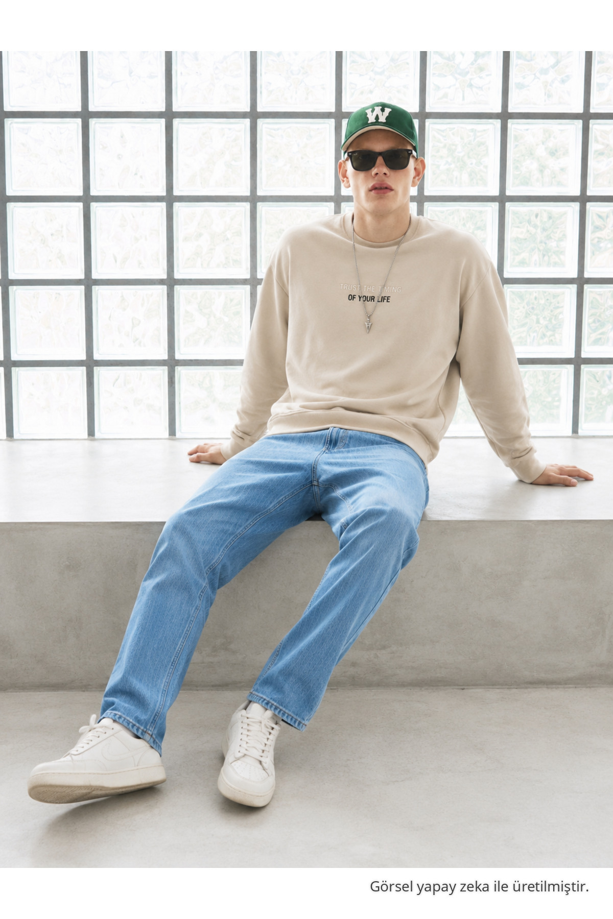Erkek Uzun Kol Bisiklet Yaka Krem Sweatshirt 4