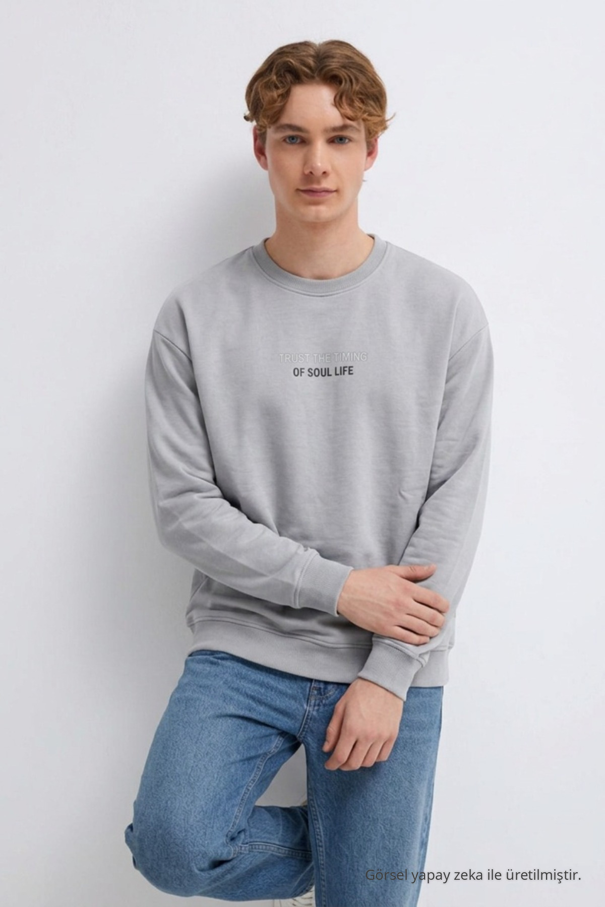 Erkek Premium Pamuklu Bol Antrasit Baskılı Sweatshirt 4