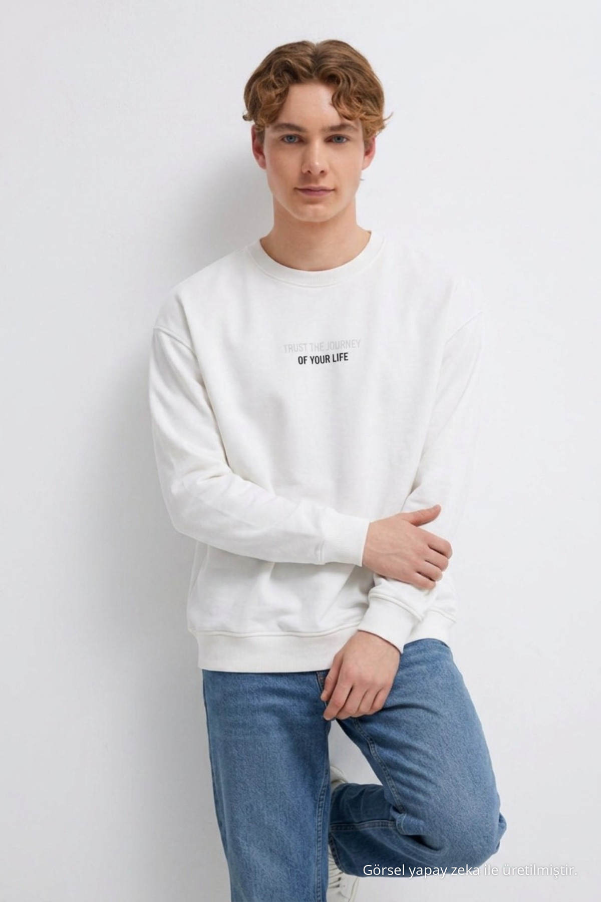 Erkek Premium Pamuklu Bol Beyaz Baskılı Sweatshirt 4