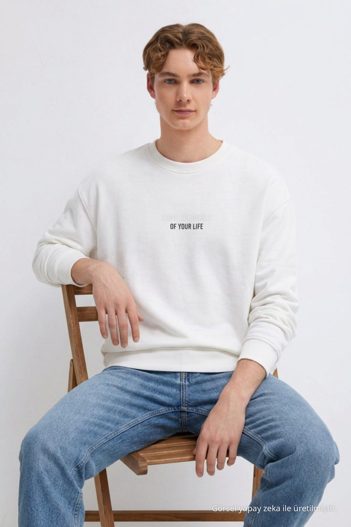 Erkek Premium Pamuklu Bol Beyaz Baskılı Sweatshirt 3