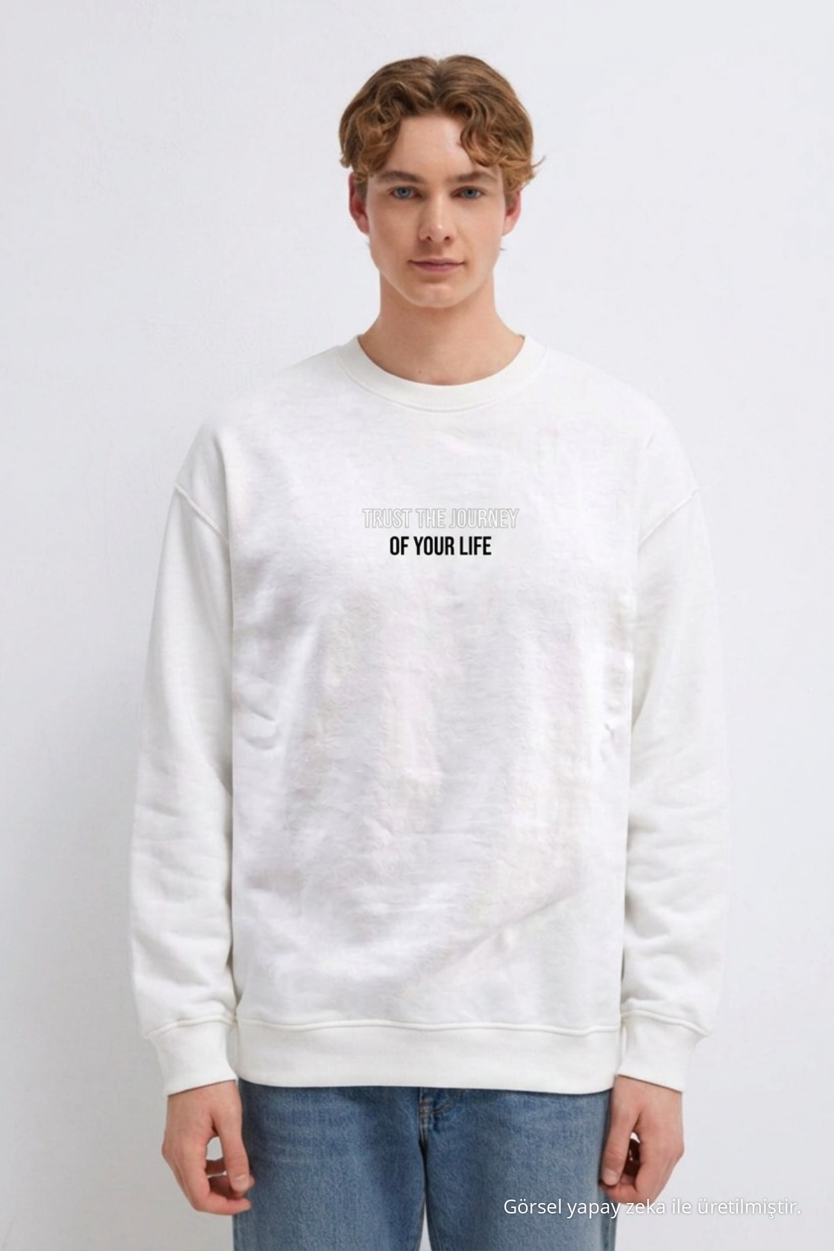 Erkek Premium Pamuklu Bol Beyaz Baskılı Sweatshirt 6