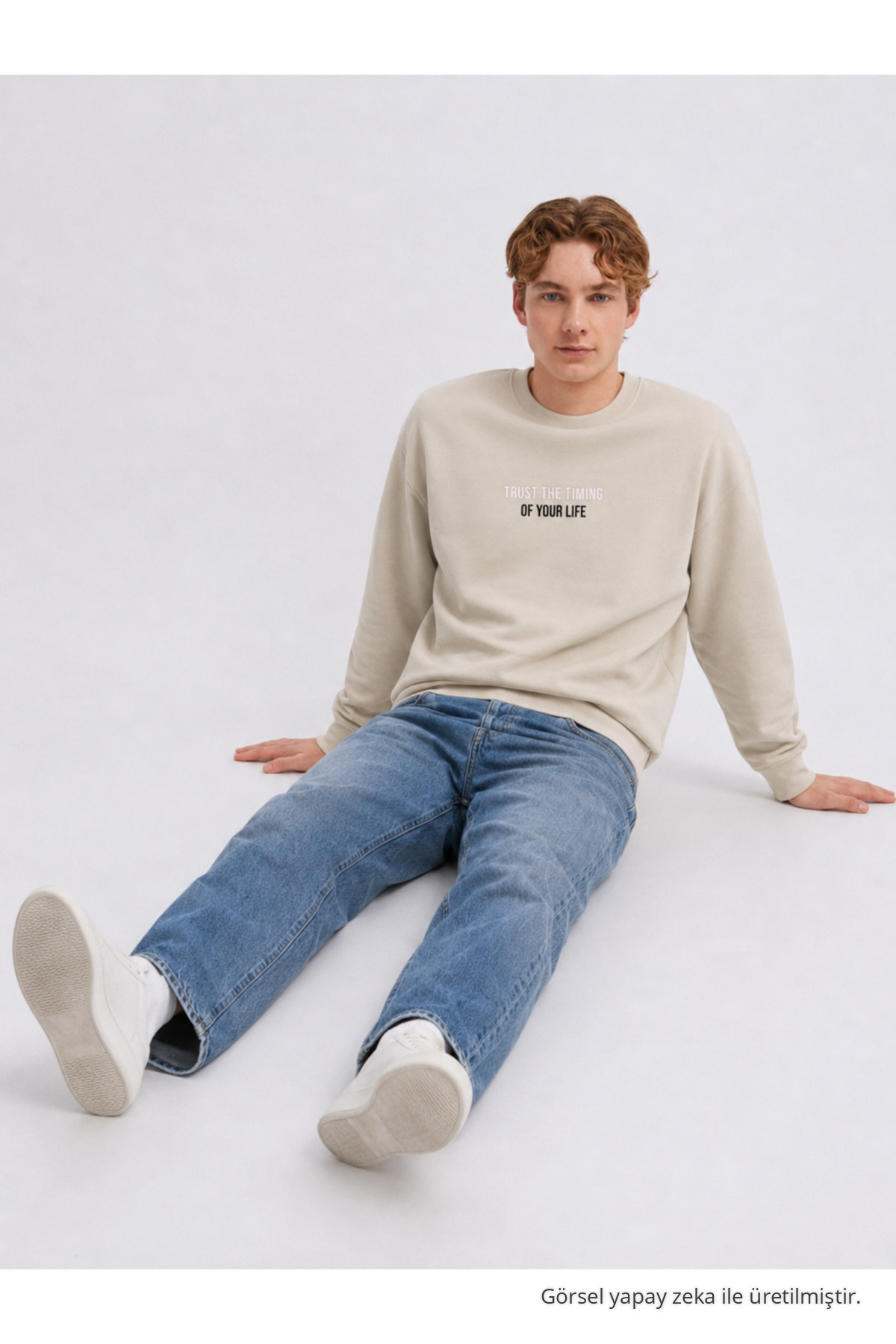 Erkek Premium Pamuklu Bol Krem Baskılı Sweatshirt 5