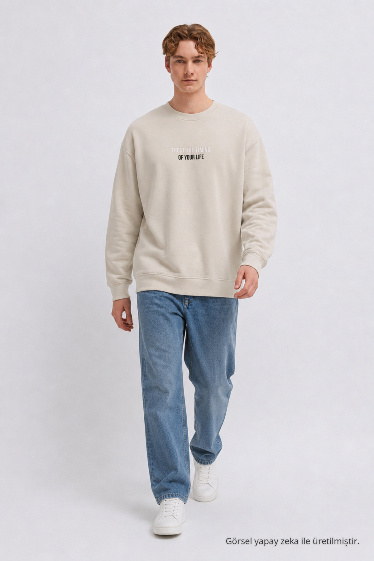 Erkek Premium Pamuklu Bol Krem Baskılı Sweatshirt 4