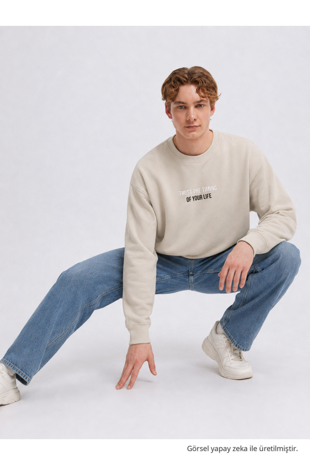 Erkek Premium Pamuklu Bol Krem Baskılı Sweatshirt 3