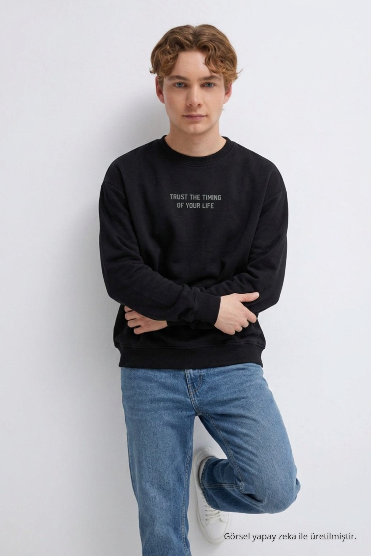 Erkek Premium Pamuklu Bol Siyah Baskılı Sweatshirt 4