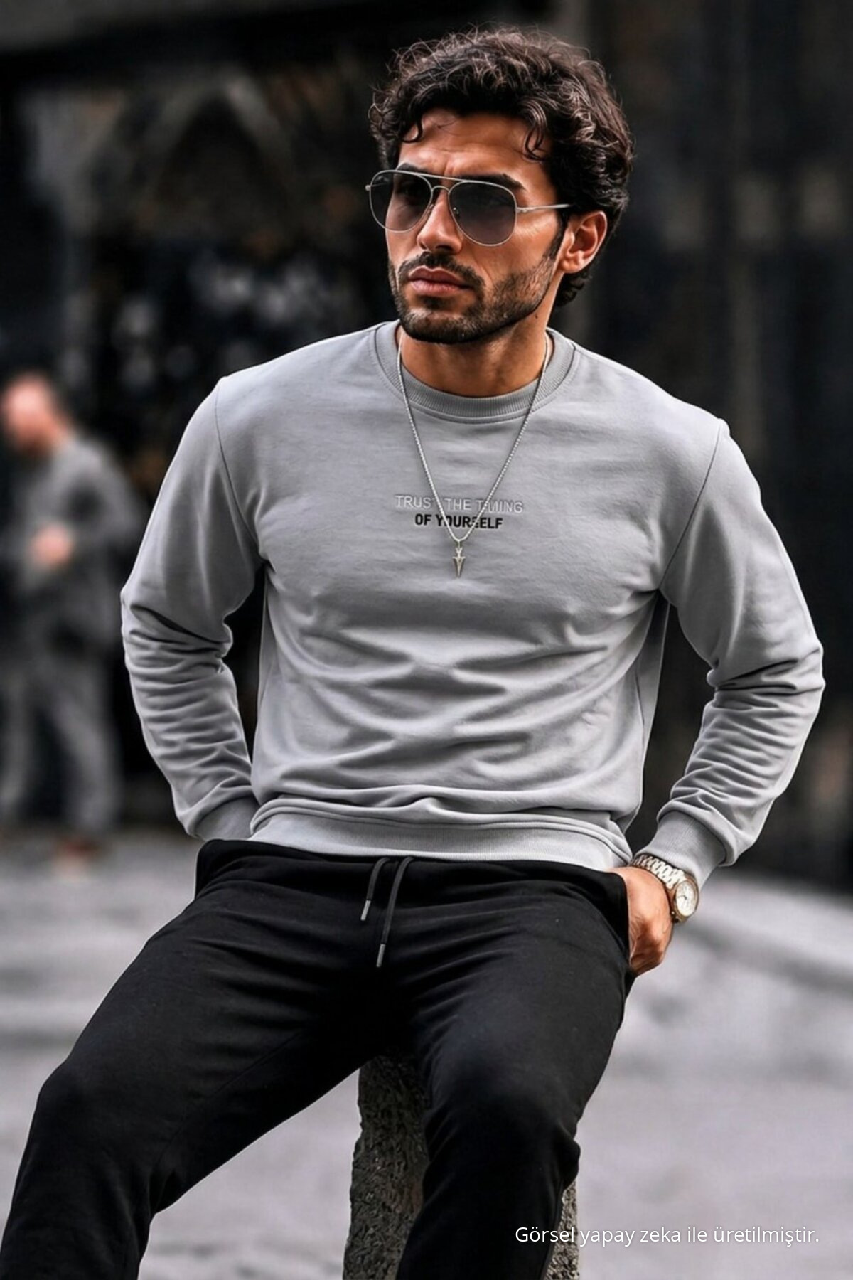 Erkek Pamuklu Baskılı Regular Fit Antrasit Sweatshirt 4