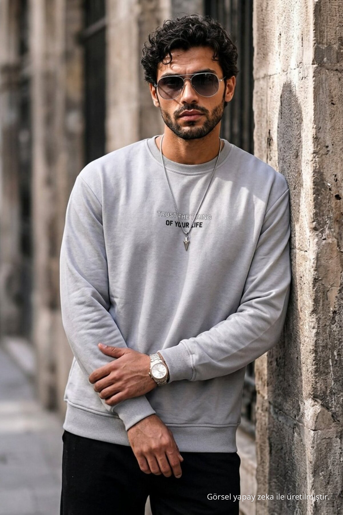 Erkek Pamuklu Baskılı Regular Fit Antrasit Sweatshirt 3