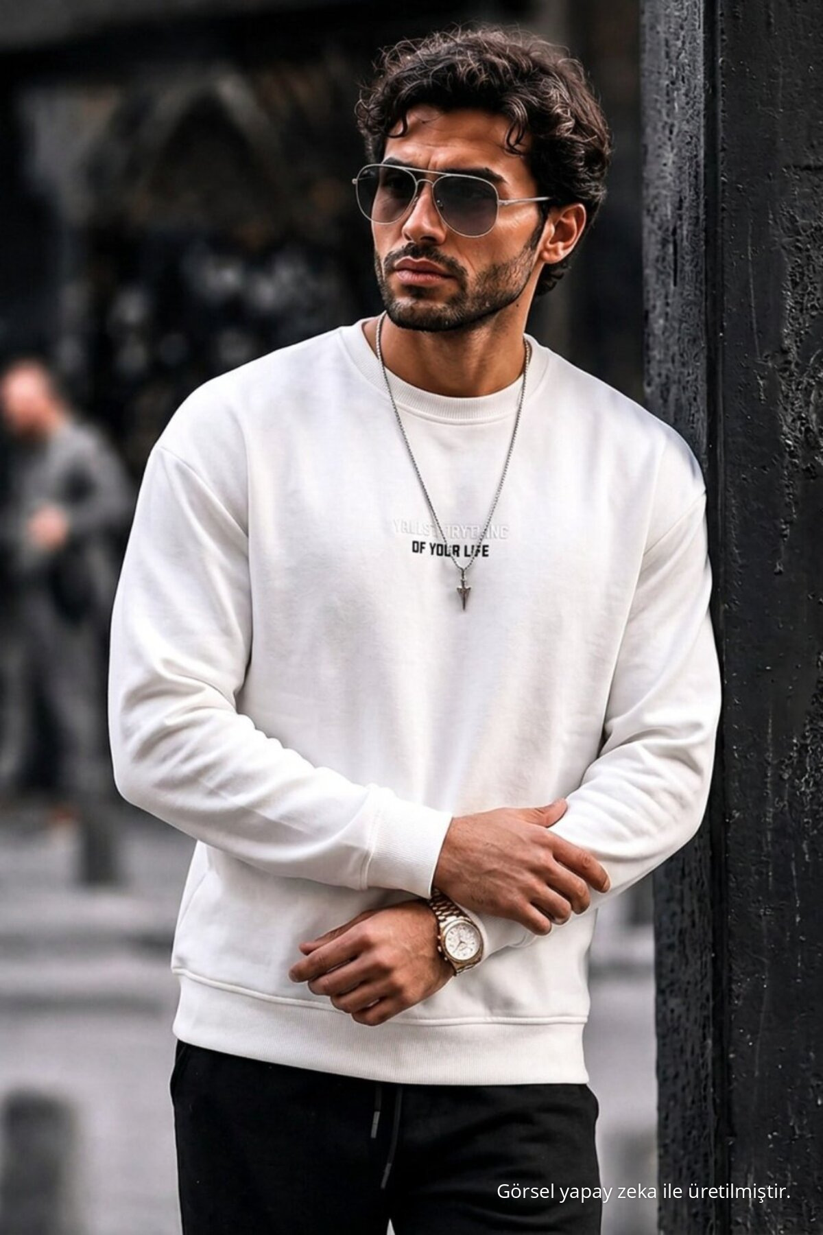 Erkek Pamuklu Baskılı Regular Fit Beyaz Sweatshirt 3